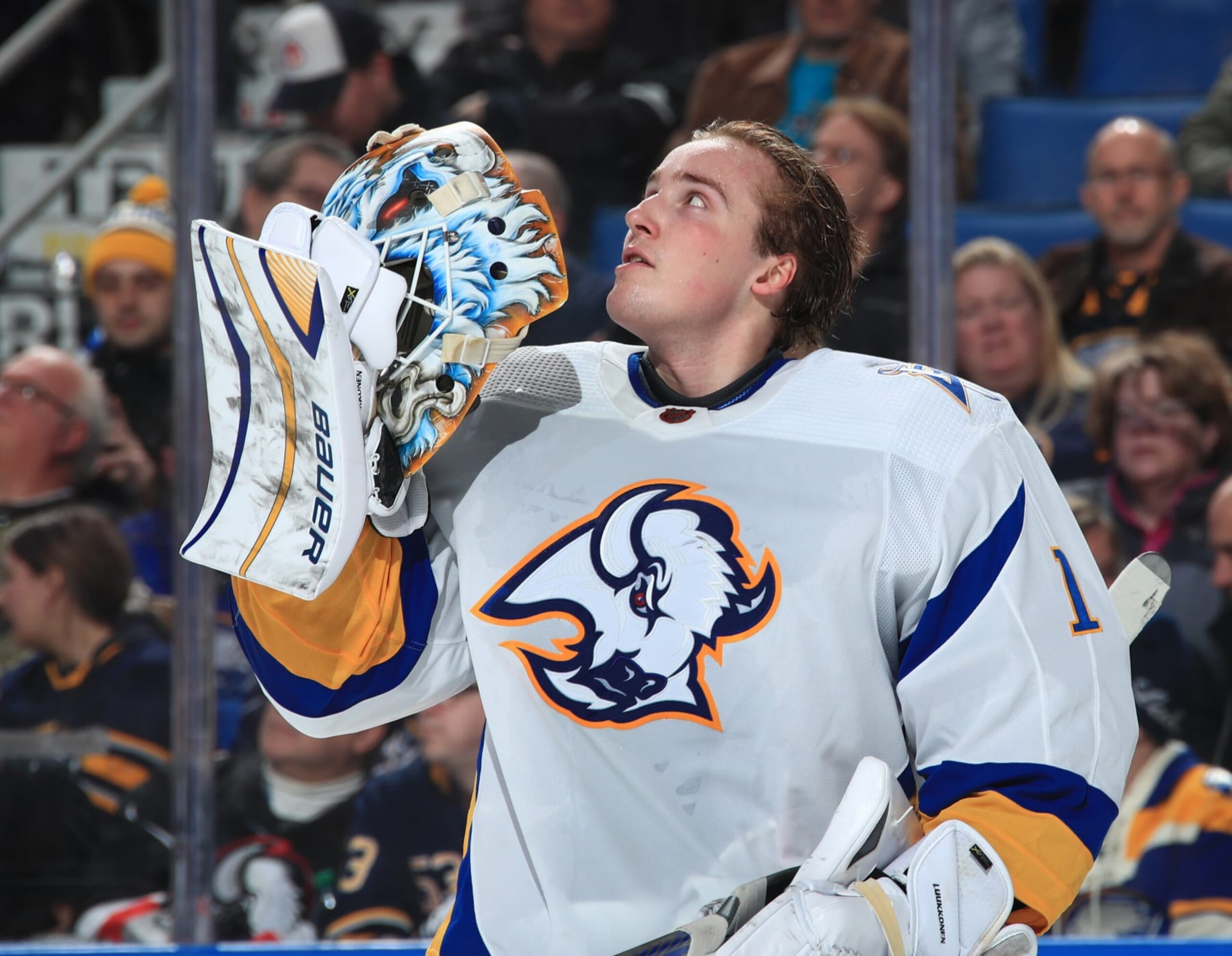 BUFFALO, NY - FEBRUARY 1: Ukko-Pekka Luukkonen #1 of the Buffalo Sabres tends goal against the Carolina Hurricanes during an NHL game on February 1, 2023 at KeyBank Center in Buffalo, New York. (Photo by Bill Wippert/NHLI via Getty Images)