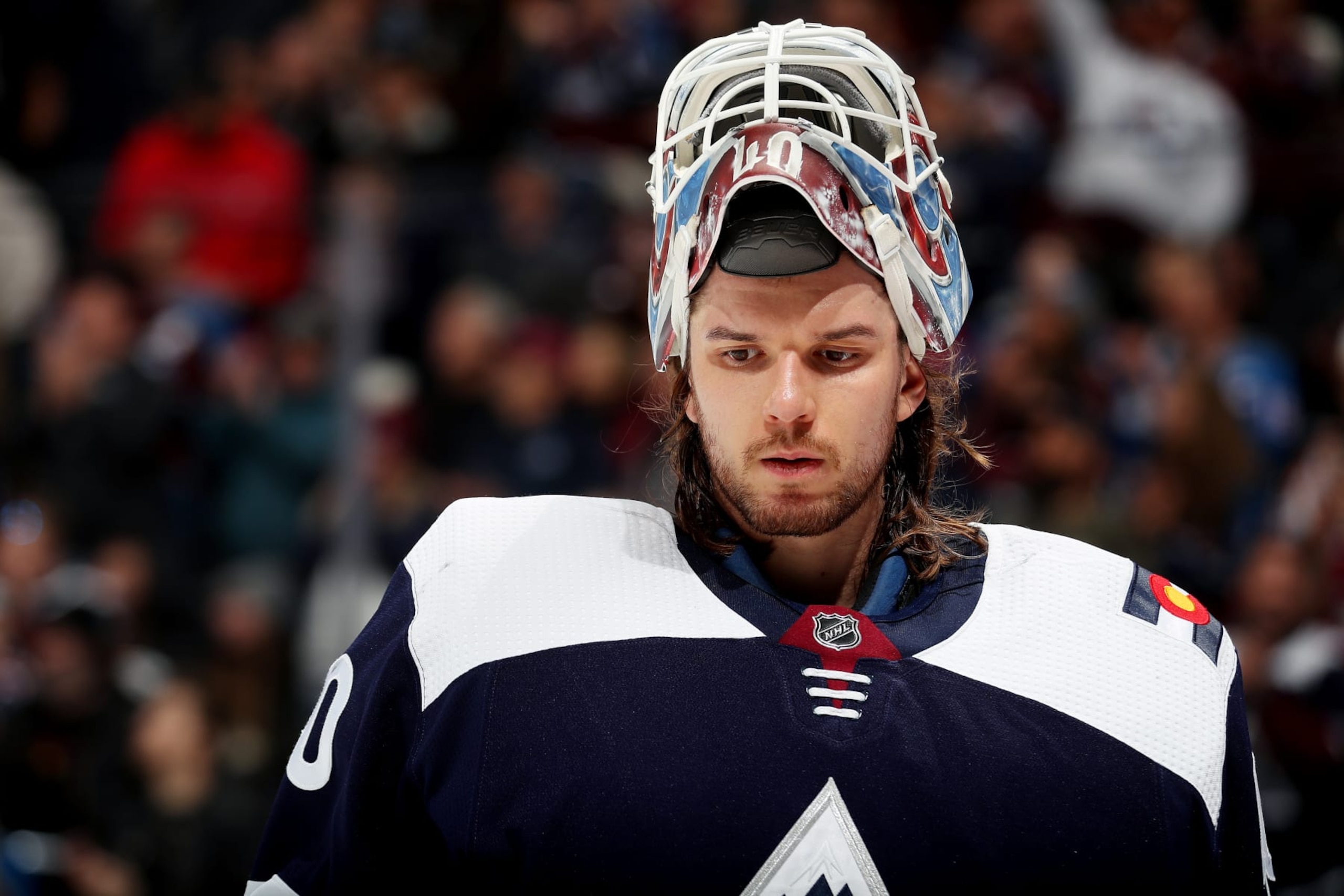 DENVER, COLORADO - JANUARY 28: Goaltender Alexandar Georgiev #40 of the Colorado Avalanche looks on during a pause in play against the St. Louis Blues at Ball Arena on January 28, 2023 in Denver, Colorado. (Photo by Michael Martin/NHLI via Getty Images)