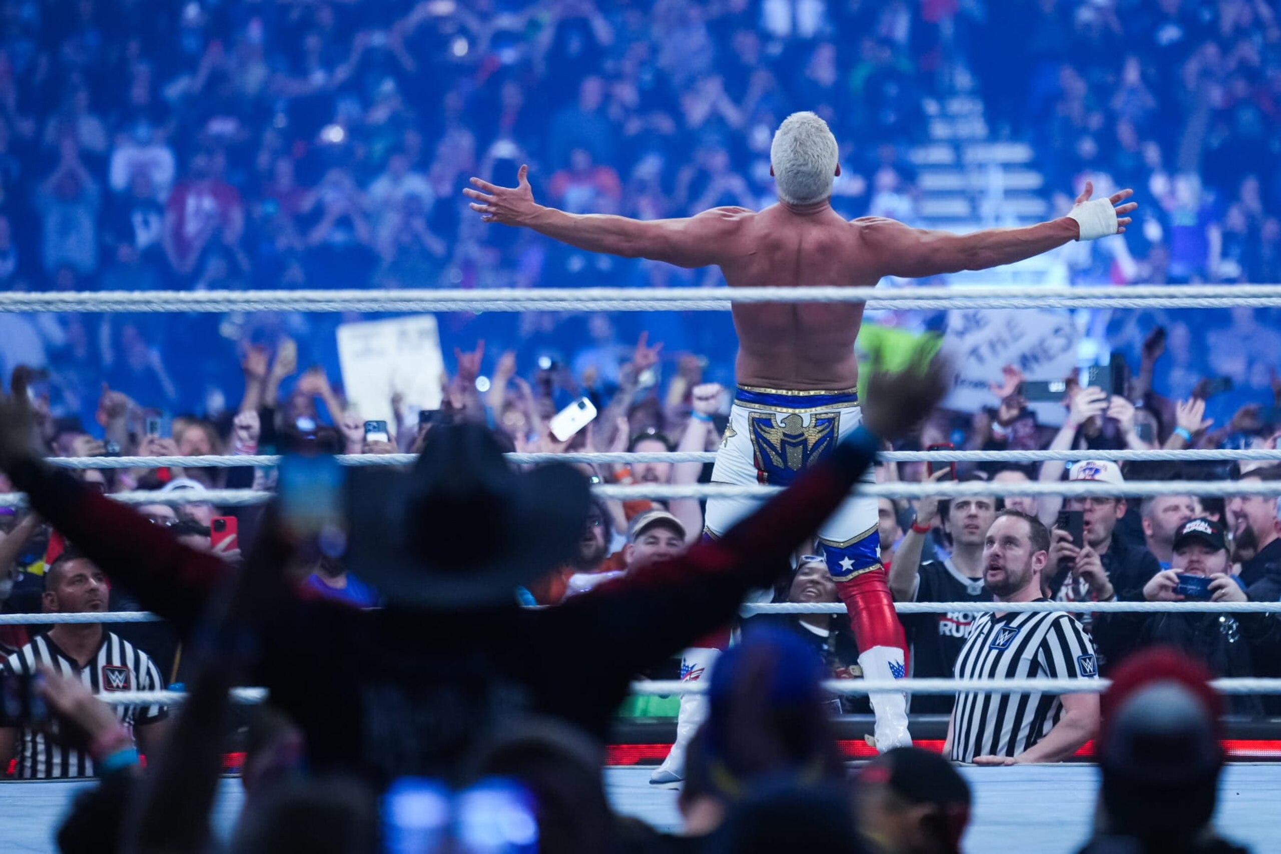 SAN ANTONIO, TEXAS - JANUARY 28: Cody Rhodes reacts after winning the WWE Royal Rumble at Alamodome on January 28, 2023 in San Antonio, Texas. (Photo by Alex Bierens de Haan/Getty Images) SAN ANTONIO, TEXAS - JANUARY 28: Cody Rhodes reacts after winning the WWE Royal Rumble at Alamodome on January 28, 2023 in San Antonio, Texas. (Photo by Alex Bierens de Haan/Getty Images)