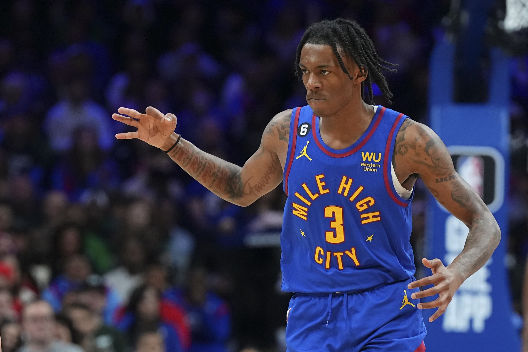 PHILADELPHIA, PA - JANUARY 28: Bones Hyland #3 of the Denver Nuggets reacts against the Philadelphia 76ers at the Wells Fargo Center on January 28, 2023 in Philadelphia, Pennsylvania. NOTE TO USER: User expressly acknowledges and agrees that, by downloading and or using this photograph, User is consenting to the terms and conditions of the Getty Images License Agreement. (Photo by Mitchell Leff/Getty Images)