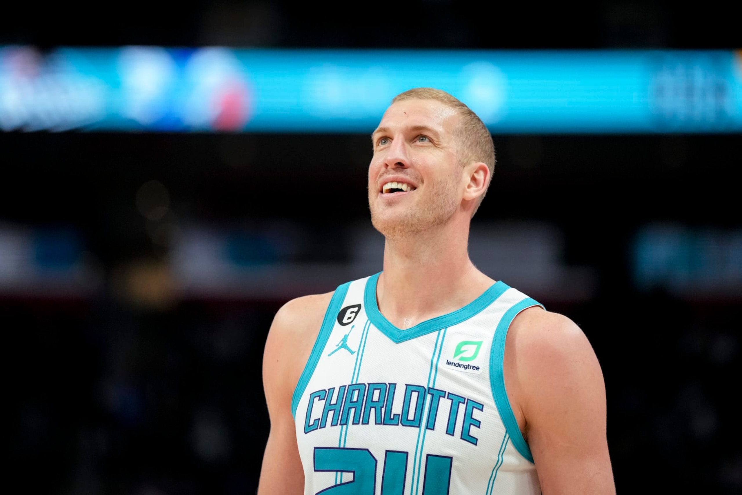 DETROIT, MICHIGAN - FEBRUARY 03: Mason Plumlee #24 of the Charlotte Hornets smiles against the Detroit Pistons at Little Caesars Arena on February 03, 2023 in Detroit, Michigan. NOTE TO USER: User expressly acknowledges and agrees that, by downloading and or using this photograph, User is consenting to the terms and conditions of the Getty Images License Agreement. (Photo by Nic Antaya/Getty Images)