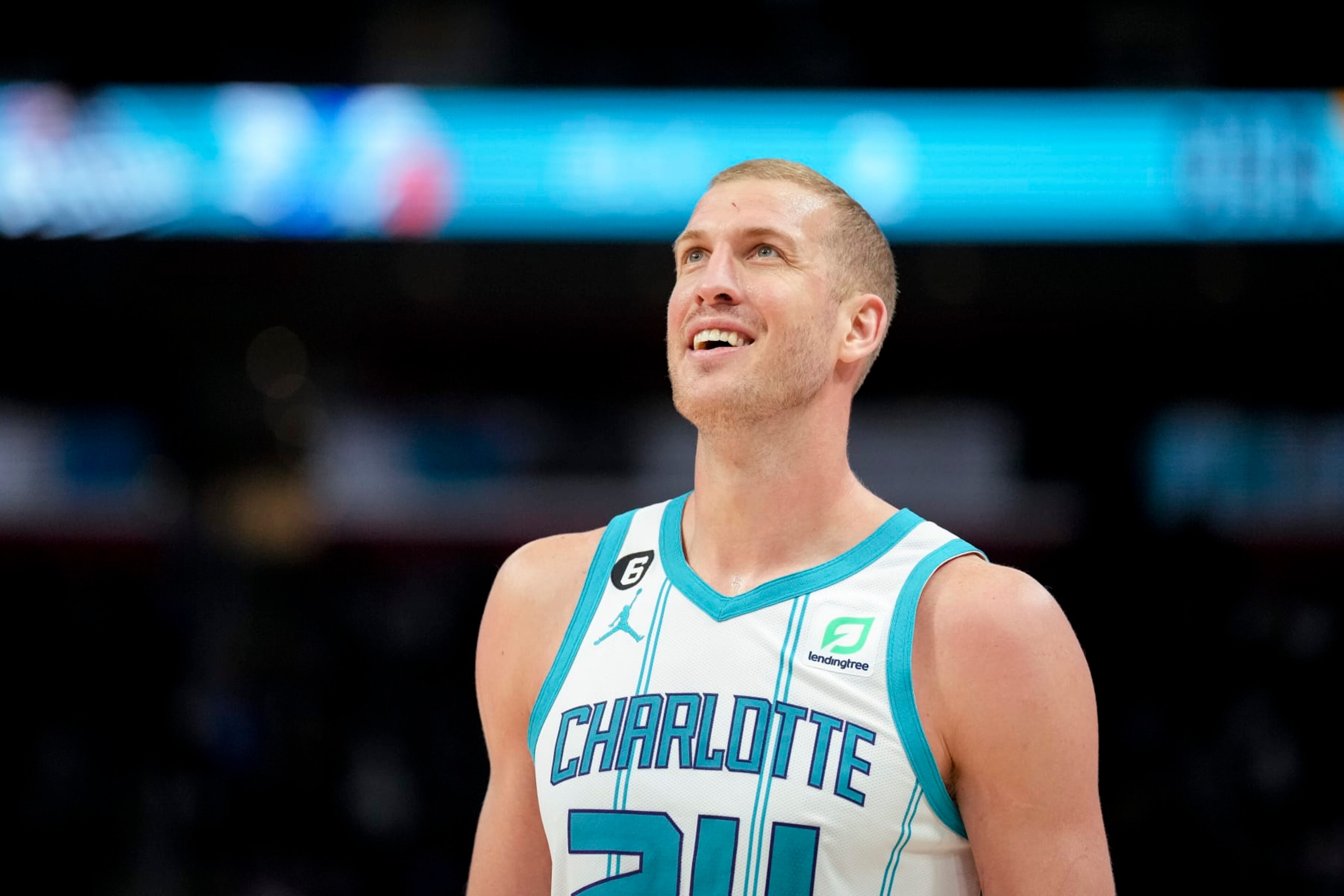 DETROIT, MICHIGAN - FEBRUARY 03: Mason Plumlee #24 of the Charlotte Hornets smiles against the Detroit Pistons at Little Caesars Arena on February 03, 2023 in Detroit, Michigan. NOTE TO USER: User expressly acknowledges and agrees that, by downloading and or using this photograph, User is consenting to the terms and conditions of the Getty Images License Agreement. (Photo by Nic Antaya/Getty Images)