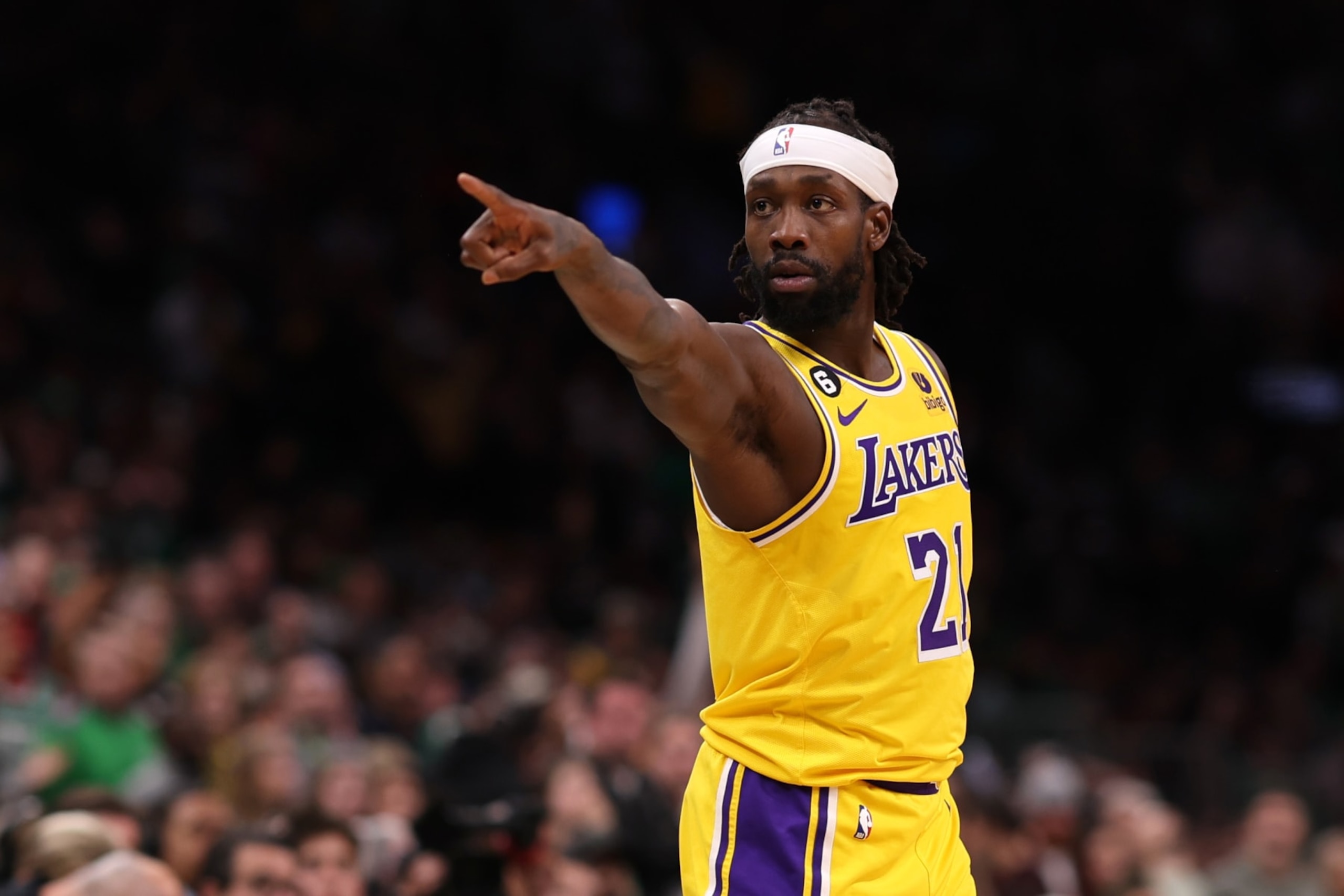 BOSTON, MASSACHUSETTS - JANUARY 28: Patrick Beverley #21 of the Los Angeles Lakers reacts during the fourth quarter against the Boston Celtics  at TD Garden on January 28, 2023 in Boston, Massachusetts. The Celtics defeat the Lakers 125-121.  (Photo by Maddie Meyer/Getty Images)