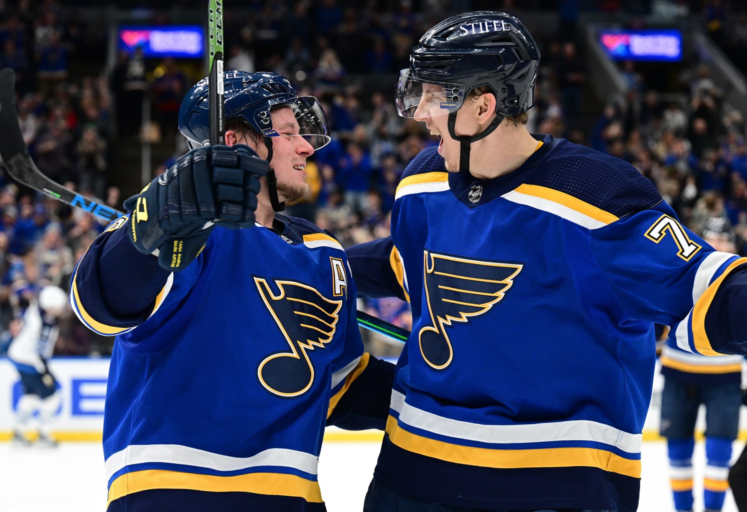 ST. LOUIS, MO - MARCH 13: St. Louis Blues defenseman Niko Mikkola (77) congratulates St. Louis Blues right wing Vladimir Tarasenko (91) after his goal during an NHL game between the Winnipeg Jets and the St. Louis Blues on March 13, 2022, at Enterprise Center, St. Louis , MO. (Photo by Keith Gillett/Icon Sportswire via Getty Images), ST. LOUIS, MO - MARCH 13: St. Louis Blues defenseman Niko Mikkola (77) congratulates St. Louis Blues right wing Vladimir Tarasenko (91) after his goal during an NHL game between the Winnipeg Jets and the St. Louis Blues on March 13, 2022, at Enterprise Center, St. Louis , MO. (Photo by Keith Gillett/Icon Sportswire via Getty Images),