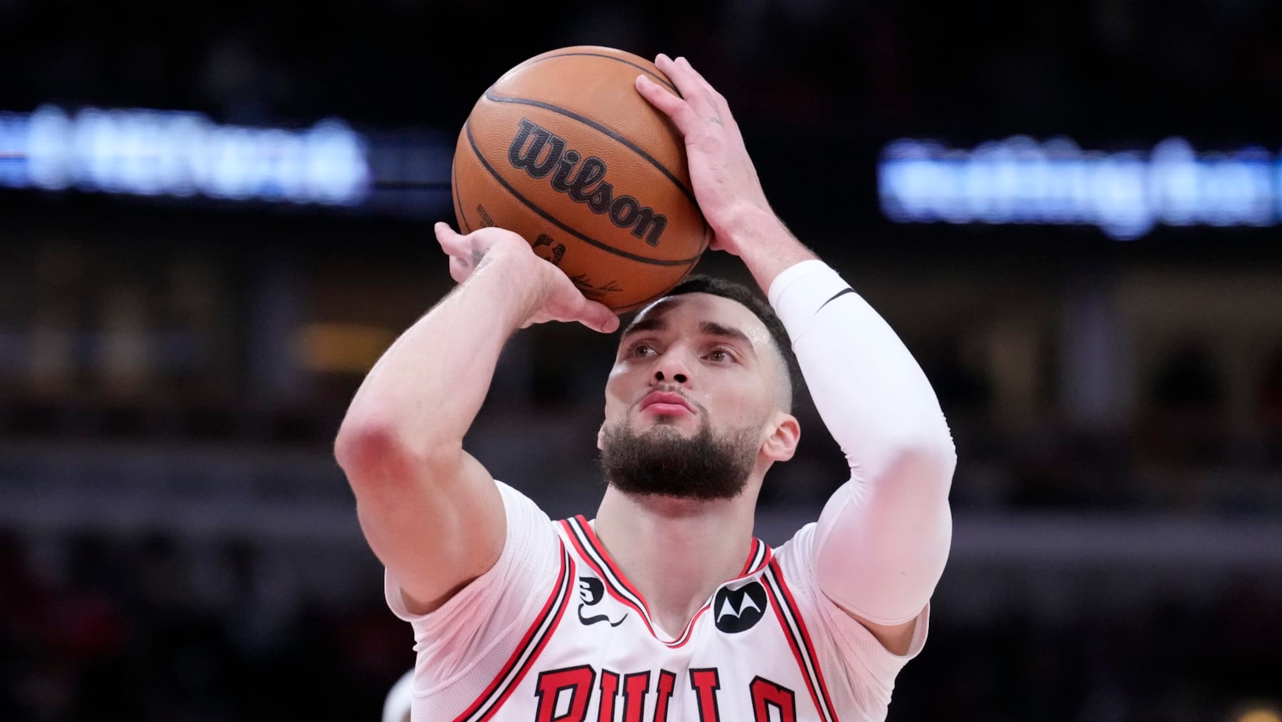 Chicago Bulls' Zach LaVine eyes a free throw during the first half of an NBA basketball game against the Chicago Bulls Thursday, Feb. 2, 2023, in Chicago. (AP Photo/Charles Rex Arbogast)
