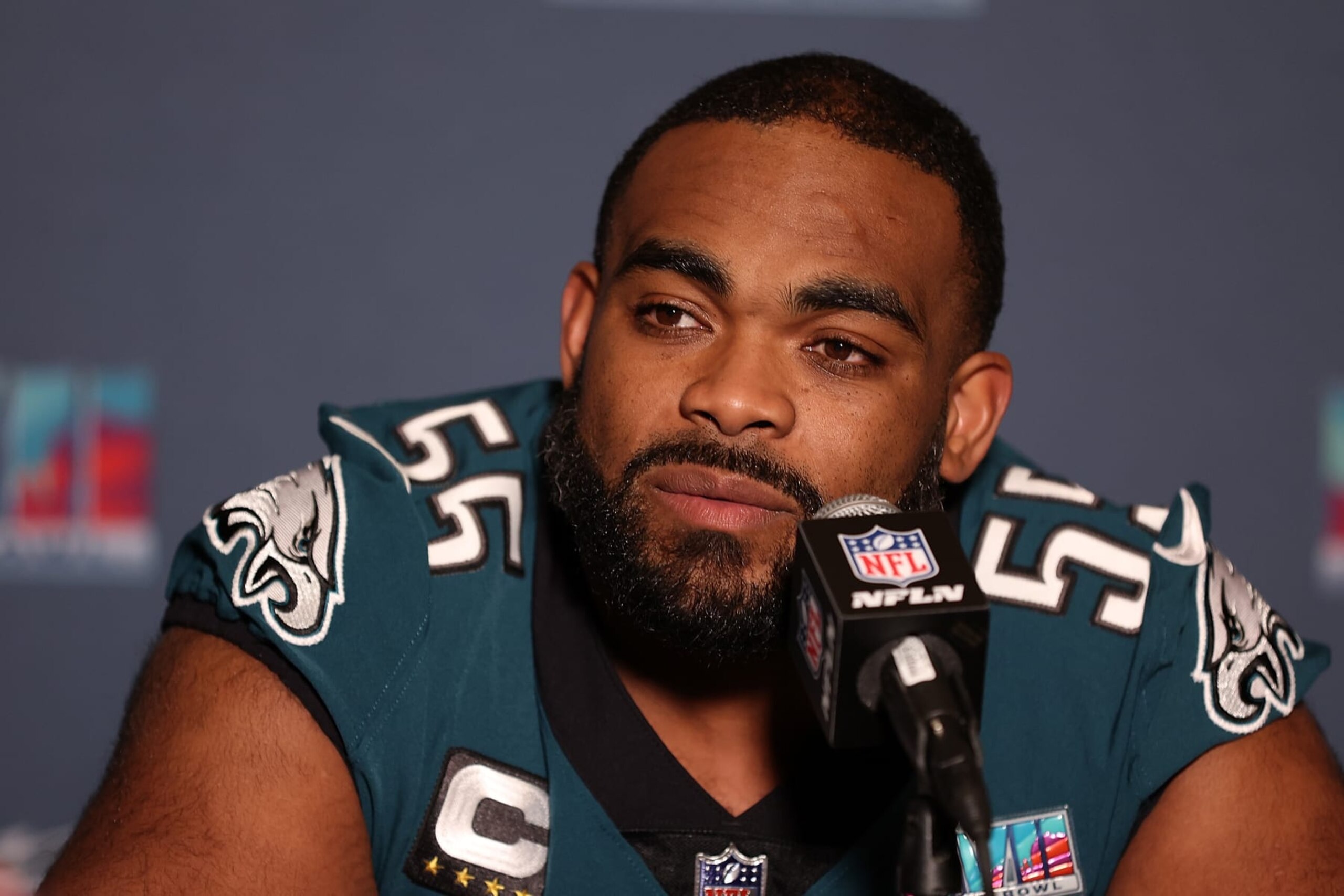 PHOENIX, ARIZONA - FEBRUARY 08: Brandon Graham #55 of the Philadelphia Eagles speaks to the media during the Philadelphia Eagles media availability prior to Super Bowl LVII on February 08, 2023 in Phoenix, Arizona. (Photo by Rob Carr/Getty Images)