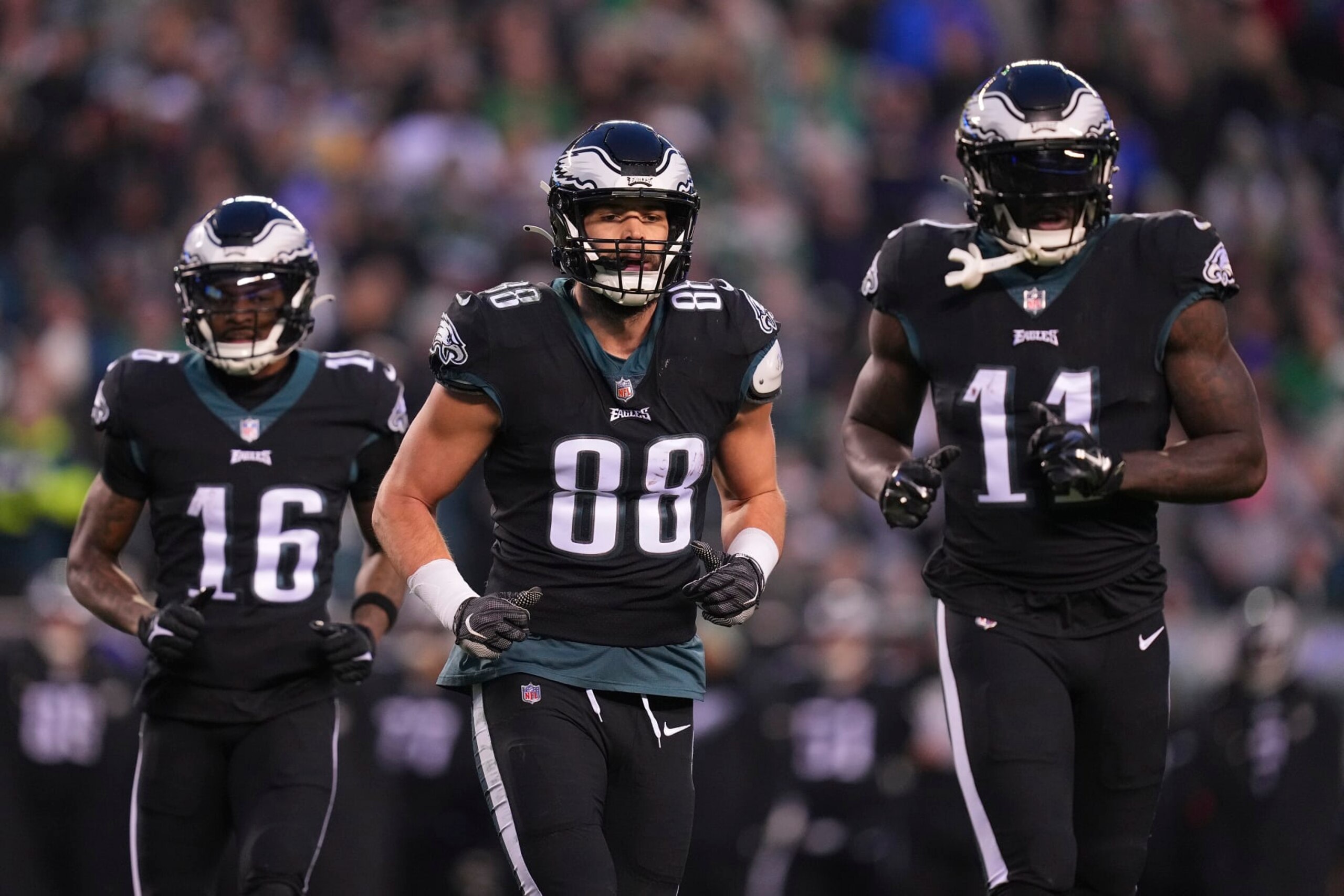 Quez Watkins, Dallas Goedert, A.J. Brown Quez Watkins, Dallas Goedert, A.J. Brown