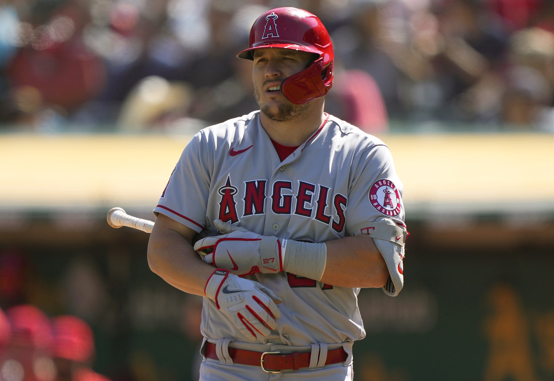 OAKLAND, CALIFORNIA - OCTOBER 05: Mike Trout #27 of the Los Angeles Angels looks on before stepping back into the batter box against the Oakland Athletics in the top of the first inn at RingCentral Coliseum on October 05, 2022 in Oakland, California. (Photo by Thearon W. Henderson/Getty Images)
