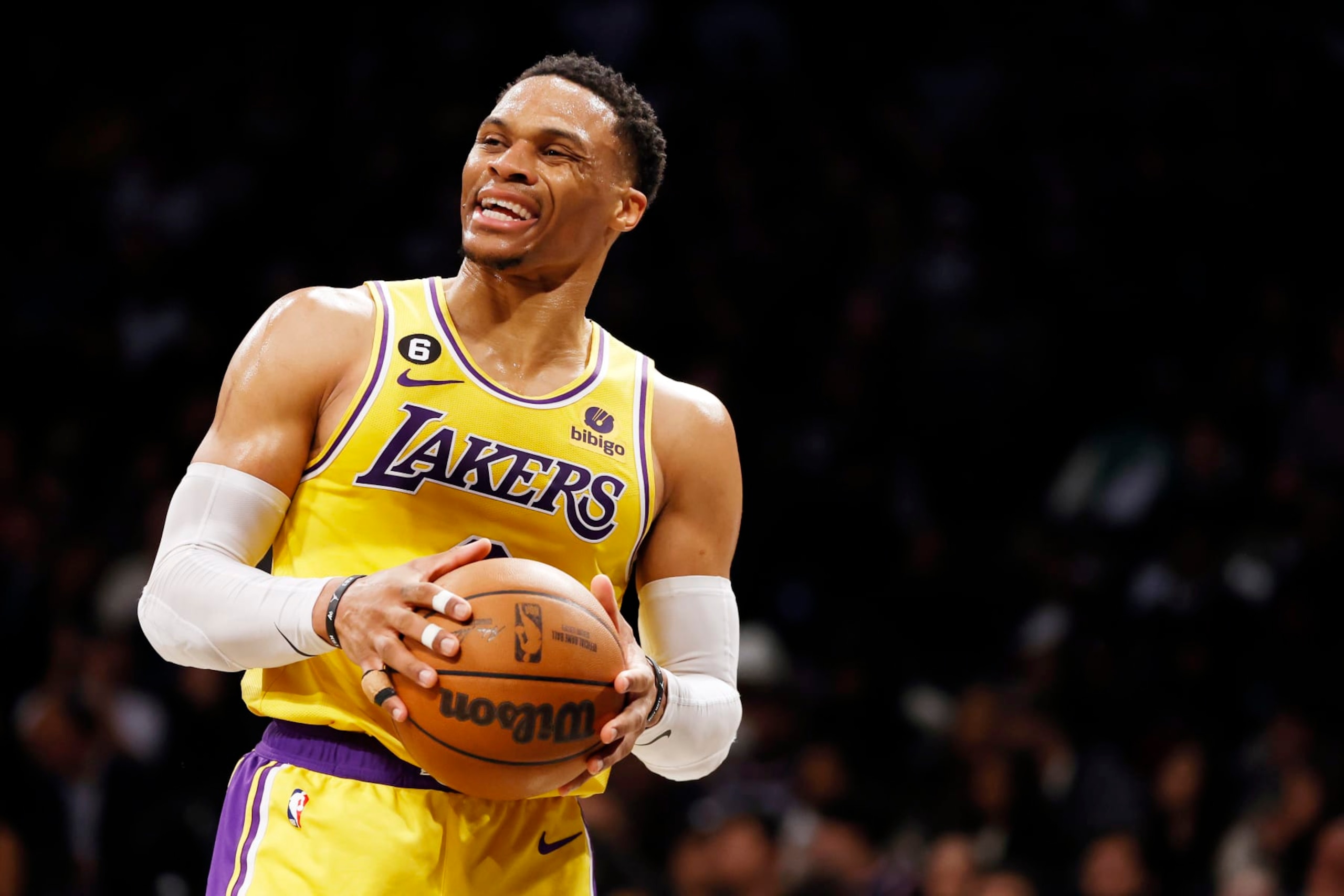 NEW YORK, NEW YORK - JANUARY 30: Russell Westbrook #0 of the Los Angeles Lakers reacts during the first half against the Brooklyn Nets at Barclays Center on January 30, 2023 in the Brooklyn borough of New York City. NOTE TO USER: User expressly acknowledges and agrees that, by downloading and/or using this photograph, User is consenting to the terms and conditions of the Getty Images License Agreement. (Photo by Sarah Stier/Getty Images)