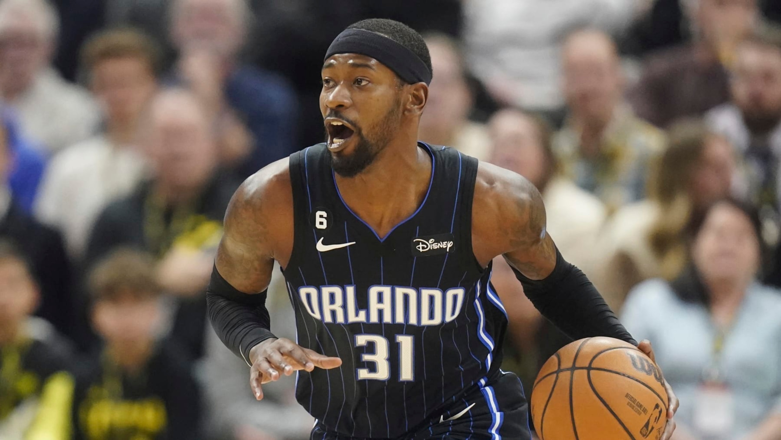 Orlando Magic guard Terrence Ross (31) brings the ball up court during the first half of an NBA basketball game against the Utah Jazz Friday, Jan. 13, 2023, in Salt Lake City. (AP Photo/Rick Bowmer)