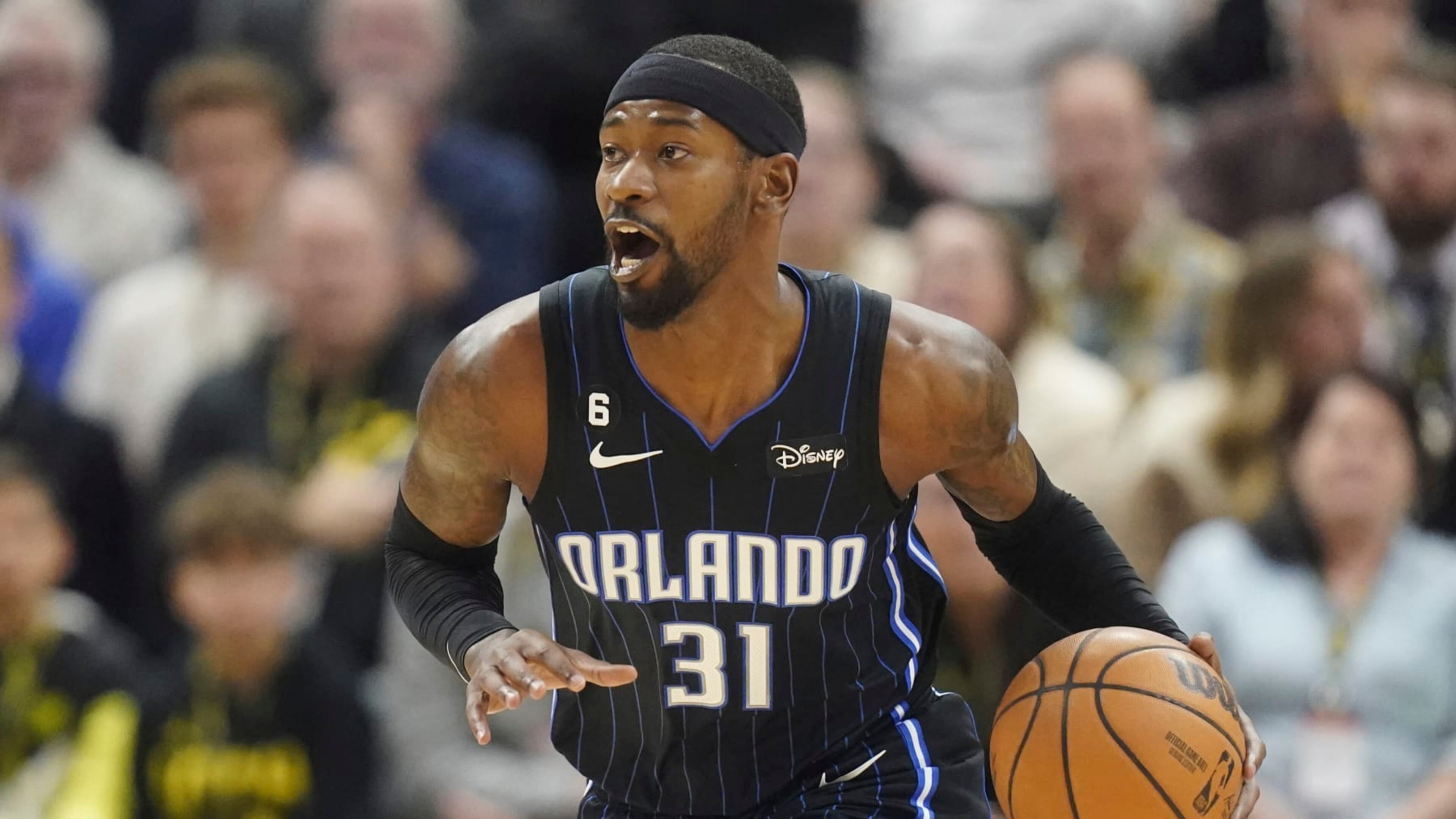 Orlando Magic guard Terrence Ross (31) brings the ball up court during the first half of an NBA basketball game against the Utah Jazz Friday, Jan. 13, 2023, in Salt Lake City. (AP Photo/Rick Bowmer)