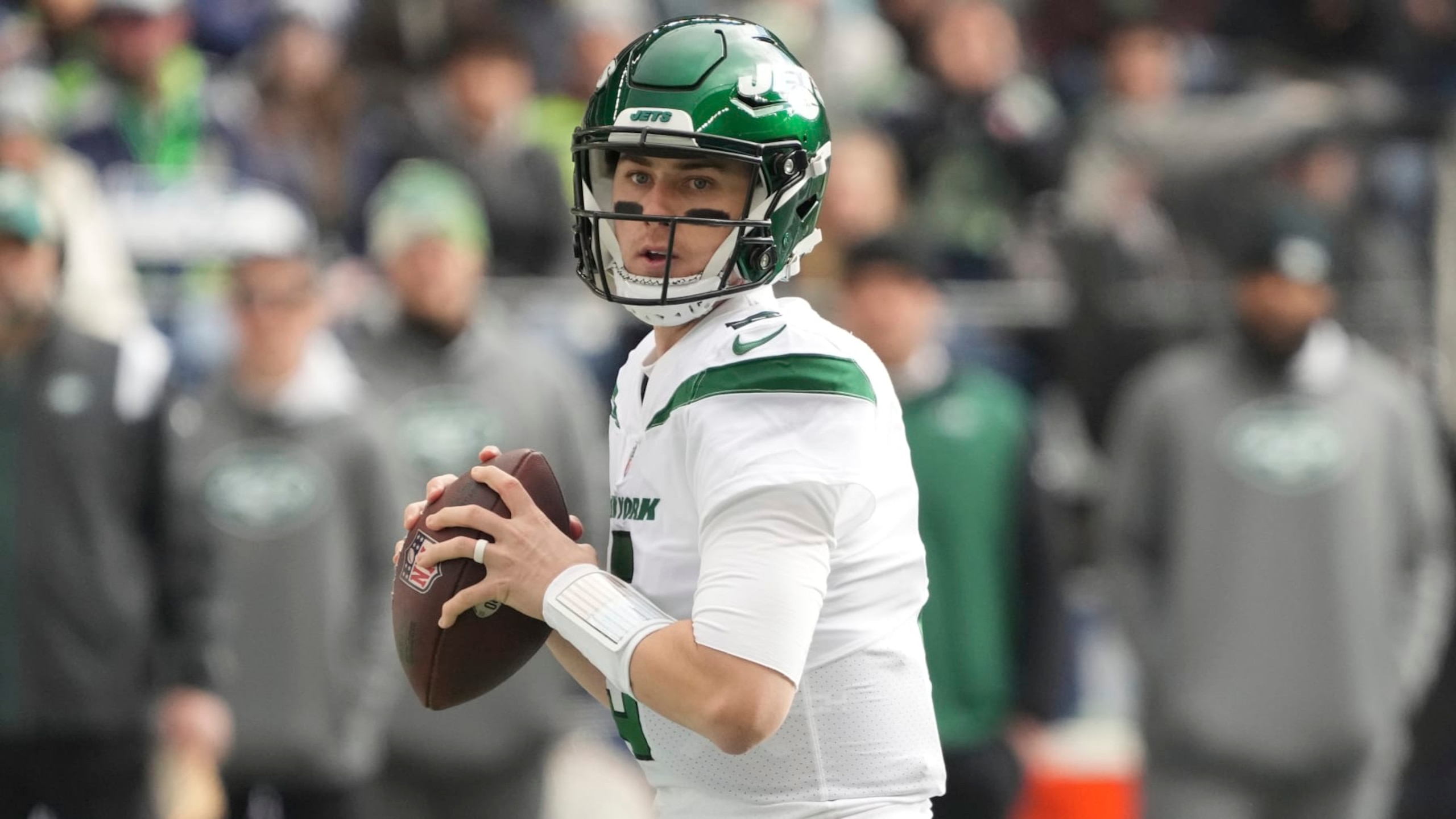 New York Jets quarterback Mike White (5) against the Seattle Seahawks during an NFL football game, Sunday, Jan. 1, 2023, in Seattle. (AP Photo/Ted S. Warren) New York Jets quarterback Mike White (5) against the Seattle Seahawks during an NFL football game, Sunday, Jan. 1, 2023, in Seattle. (AP Photo/Ted S. Warren)