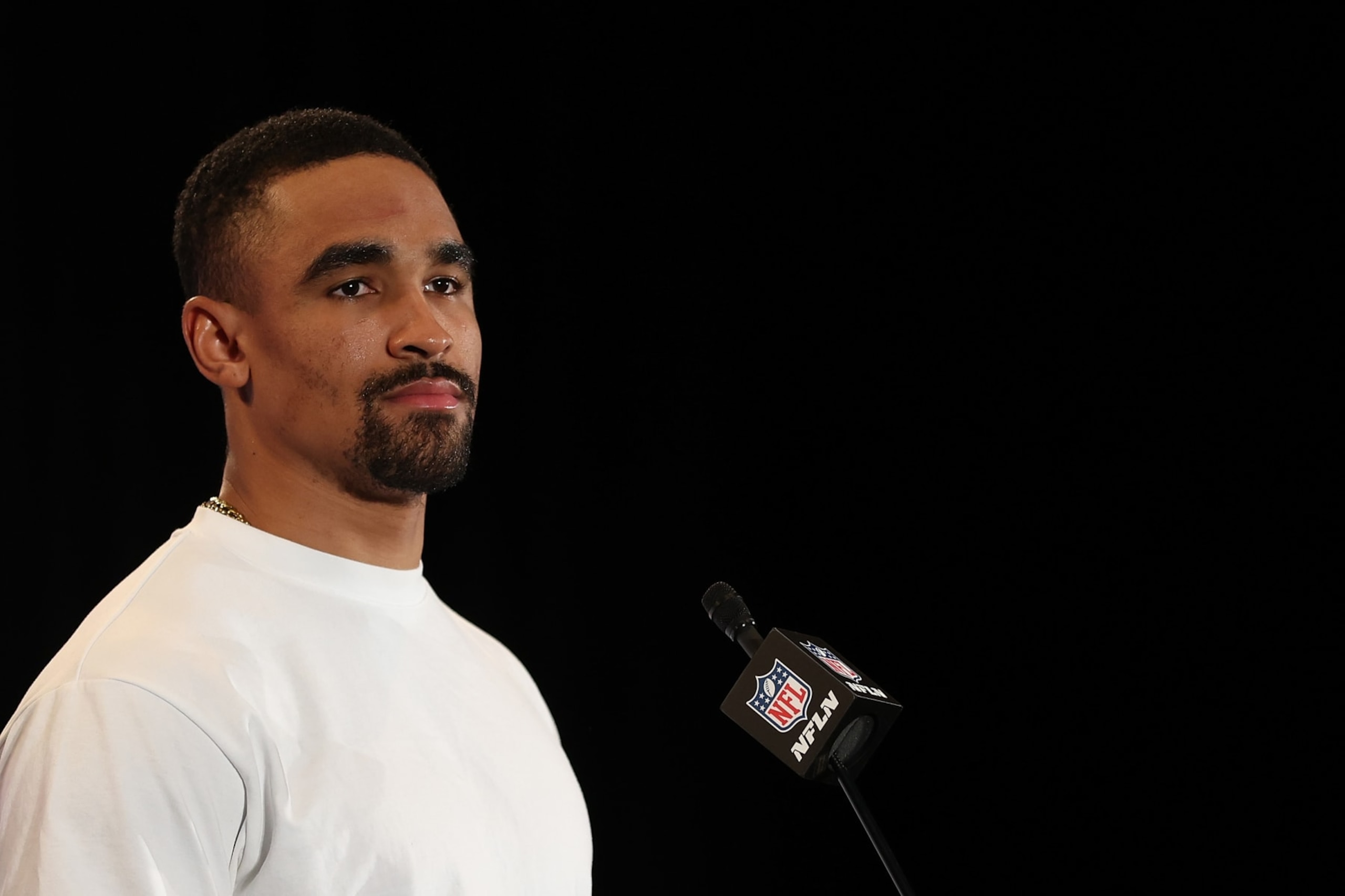 PHOENIX, ARIZONA - FEBRUARY 08: Jalen Hurts #1 of the Philadelphia Eagles speaks to the media during the Philadelphia Eagles media availability prior to Super Bowl LVII on February 08, 2023 in Phoenix, Arizona. (Photo by Rob Carr/Getty Images) PHOENIX, ARIZONA - FEBRUARY 08: Jalen Hurts #1 of the Philadelphia Eagles speaks to the media during the Philadelphia Eagles media availability prior to Super Bowl LVII on February 08, 2023 in Phoenix, Arizona. (Photo by Rob Carr/Getty Images)