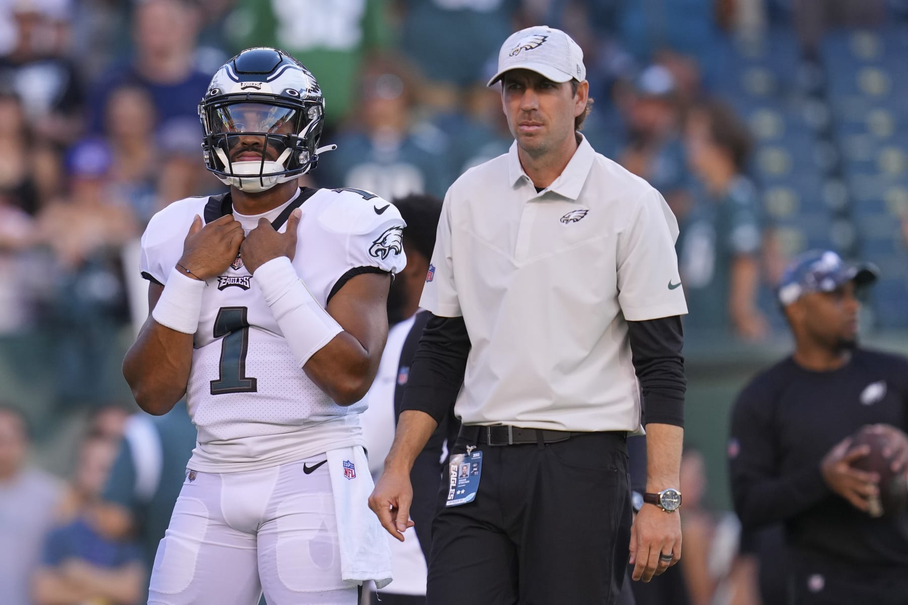 PHILADELPHIA, PA - AUGUST 12: Jalen Hurts #1 of the Philadelphia Eagles looks on along with offensive coordinator Shane Steichen against the New York Jets during the preseason game at Lincoln Financial Field on August 12, 2022 in Philadelphia, Pennsylvania. The Jets defeated the Eagles 24-21. (Photo by Mitchell Leff/Getty Images)