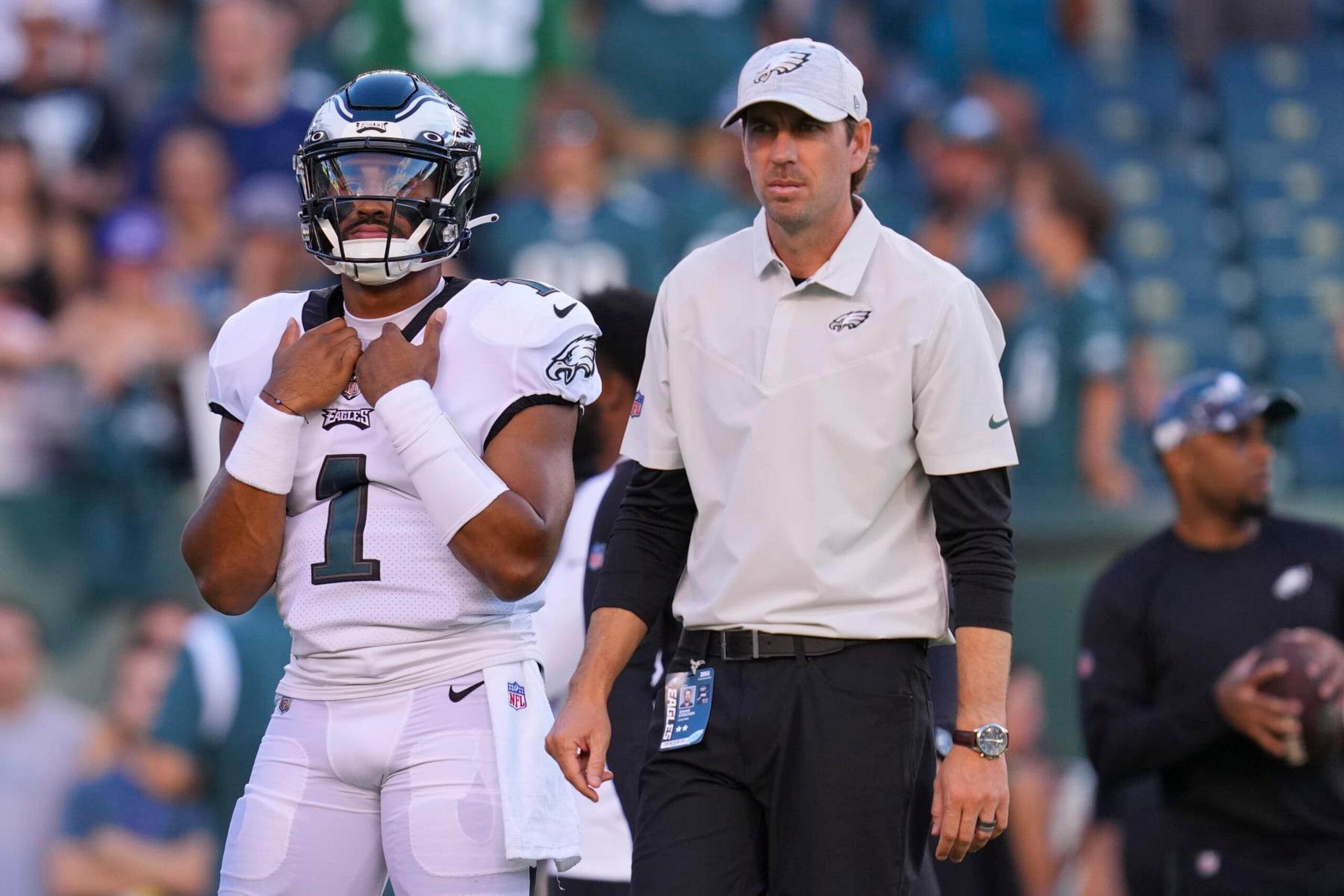 PHILADELPHIA, PA - AUGUST 12: Jalen Hurts #1 of the Philadelphia Eagles looks on along with offensive coordinator Shane Steichen against the New York Jets during the preseason game at Lincoln Financial Field on August 12, 2022 in Philadelphia, Pennsylvania. The Jets defeated the Eagles 24-21. (Photo by Mitchell Leff/Getty Images) PHILADELPHIA, PA - AUGUST 12: Jalen Hurts #1 of the Philadelphia Eagles looks on along with offensive coordinator Shane Steichen against the New York Jets during the preseason game at Lincoln Financial Field on August 12, 2022 in Philadelphia, Pennsylvania. The Jets defeated the Eagles 24-21. (Photo by Mitchell Leff/Getty Images)
