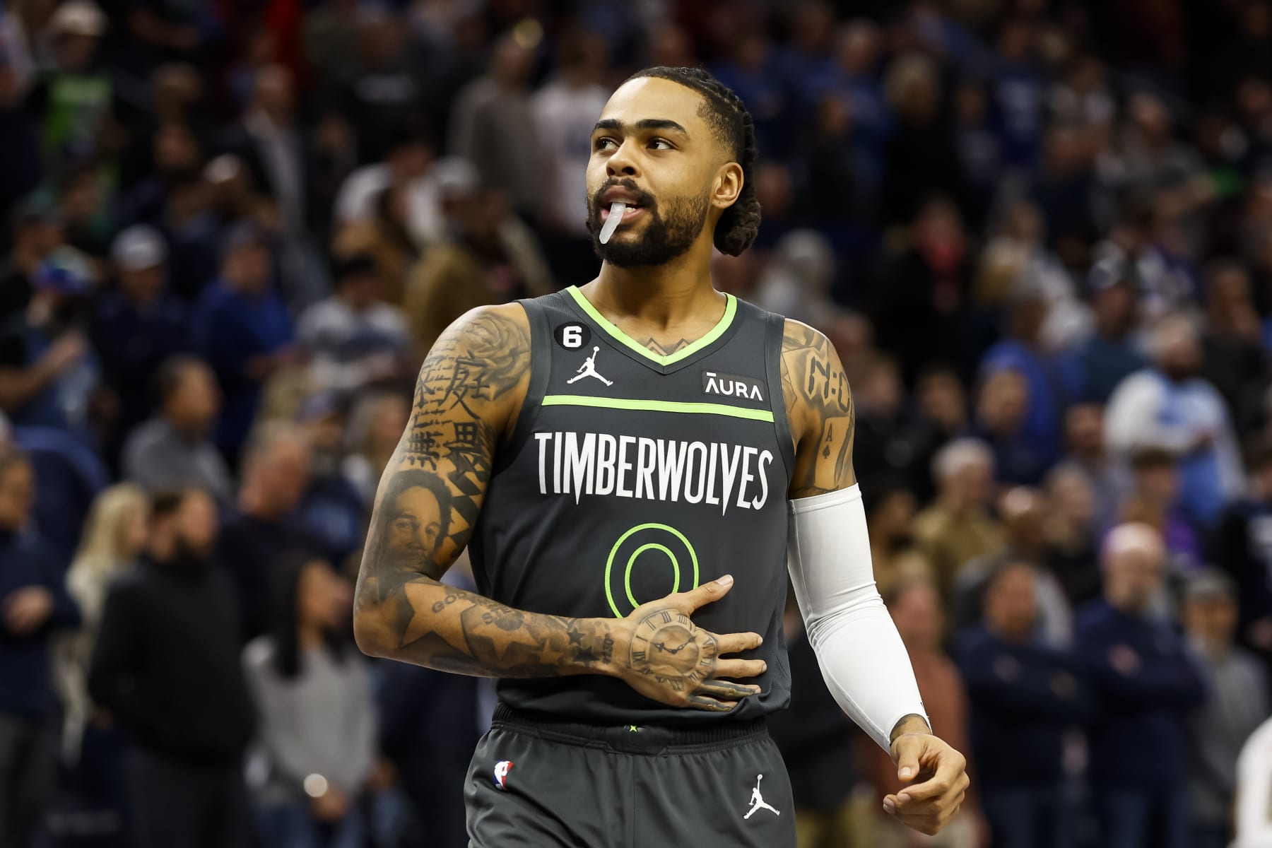 MINNEAPOLIS, MN - FEBRUARY 05: D'Angelo Russell #0 of the Minnesota Timberwolves looks on prior to the start of the game against the Denver Nuggets at Target Center on February 5, 2023 in Minneapolis, Minnesota. The Timberwolves defeated the Nuggets 128-98. NOTE TO USER: User expressly acknowledges and agrees that, by downloading and or using this Photograph, user is consenting to the terms and conditions of the Getty Images License Agreement. (Photo by David Berding/Getty Images)