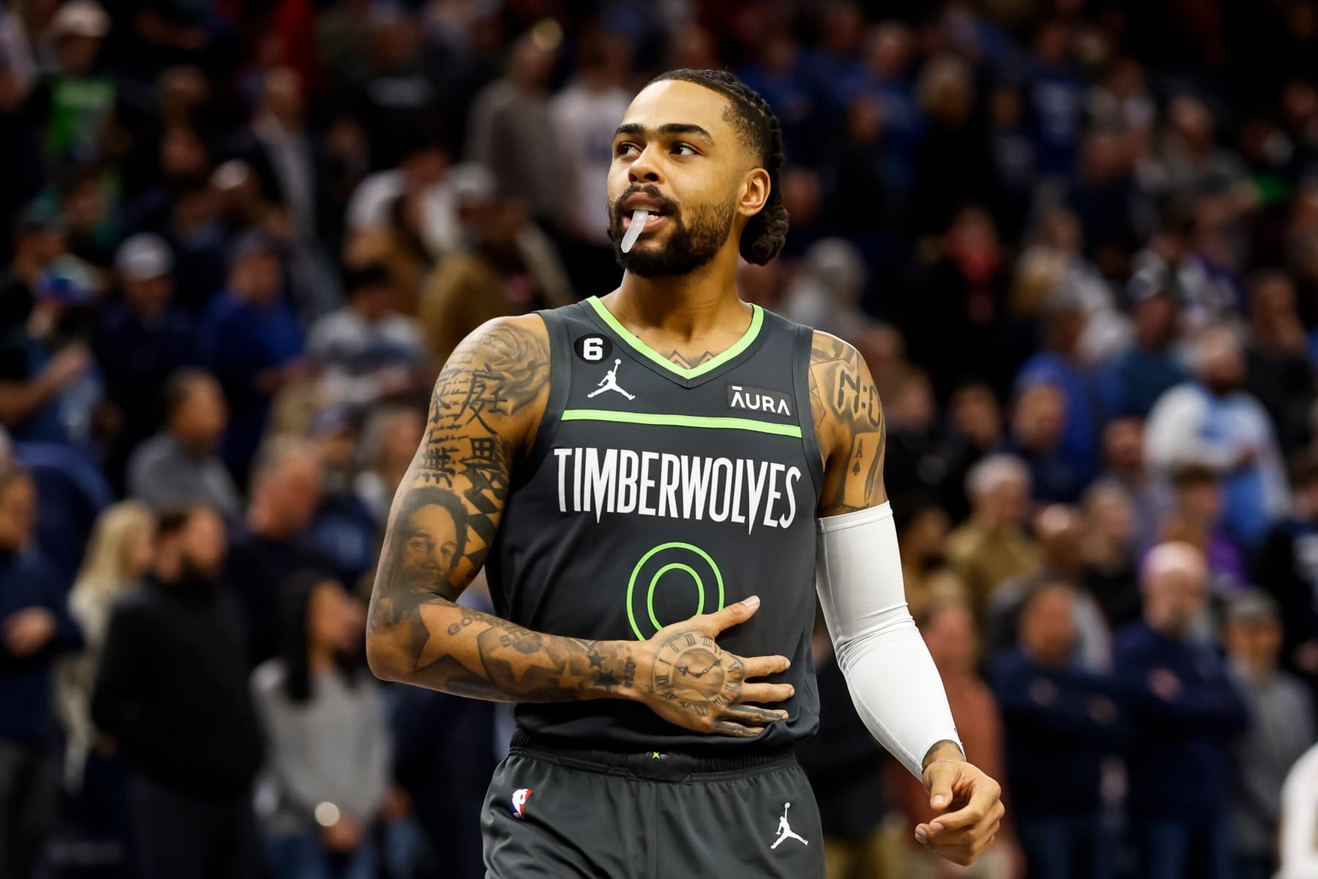 MINNEAPOLIS, MN - FEBRUARY 05: D'Angelo Russell #0 of the Minnesota Timberwolves looks on prior to the start of the game against the Denver Nuggets at Target Center on February 5, 2023 in Minneapolis, Minnesota. The Timberwolves defeated the Nuggets 128-98. NOTE TO USER: User expressly acknowledges and agrees that, by downloading and or using this Photograph, user is consenting to the terms and conditions of the Getty Images License Agreement. (Photo by David Berding/Getty Images)