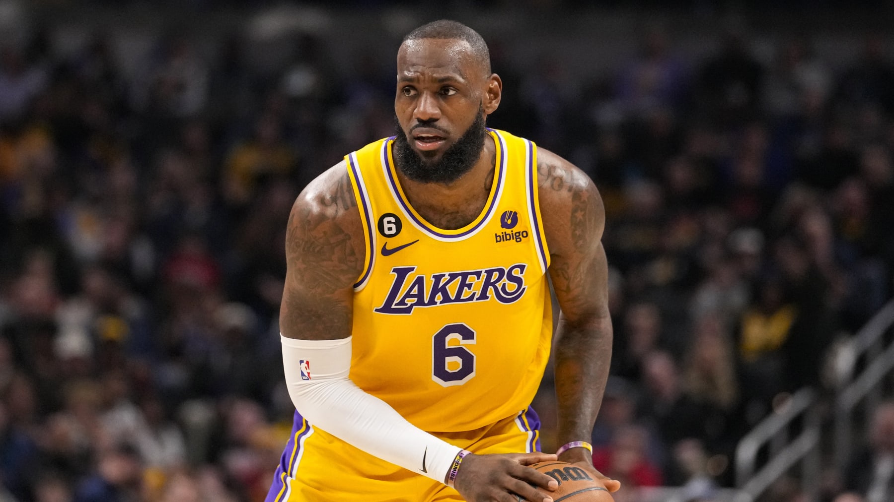 Los Angeles Lakers forward LeBron James (6) plays against the Indiana Pacers during the first half of an NBA basketball game in Indianapolis, Thursday, Feb. 2, 2023. (AP Photo/Michael Conroy)