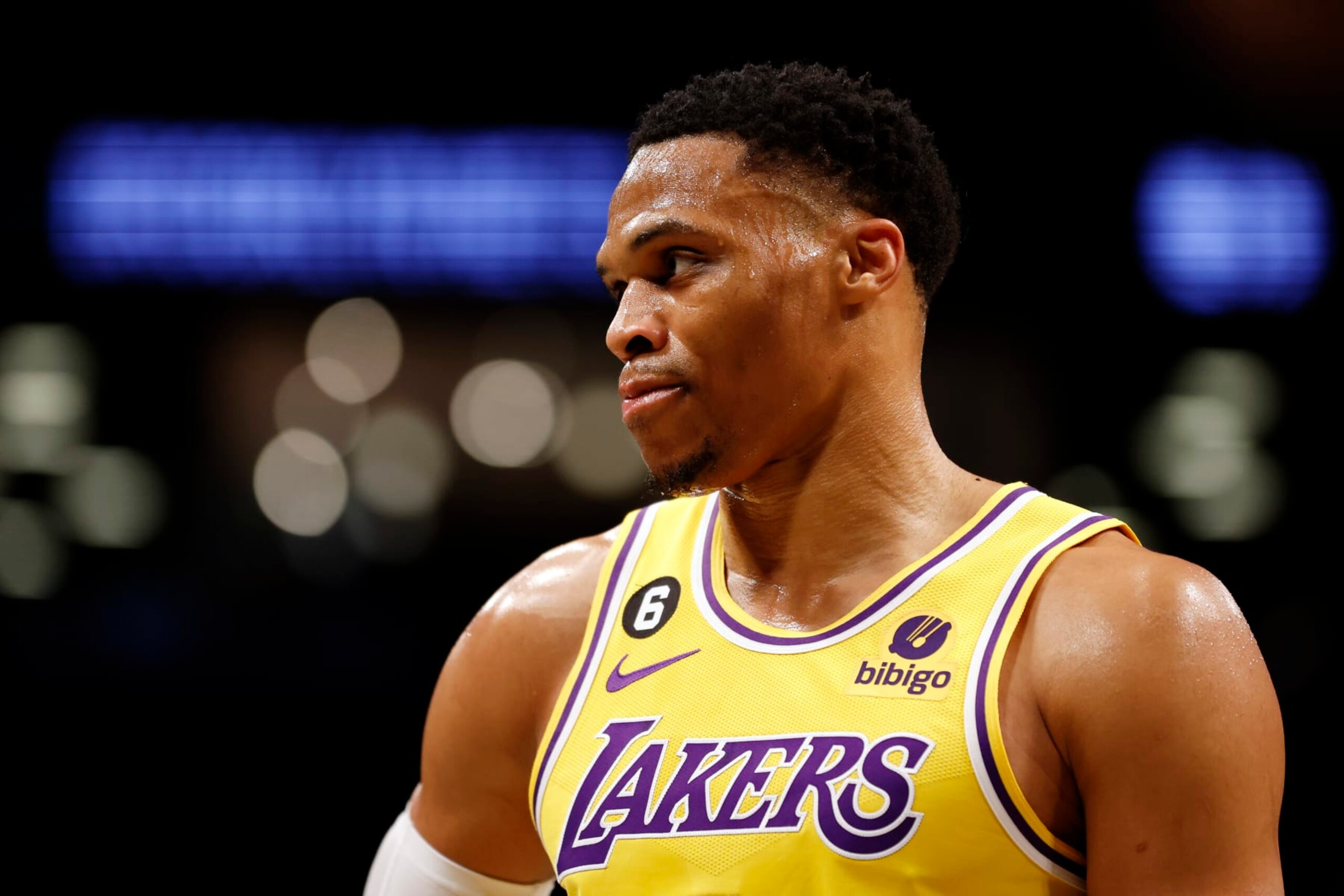 NEW YORK, NEW YORK - JANUARY 30: Russell Westbrook #0 of the Los Angeles Lakers looks on during the second half against the Brooklyn Nets at Barclays Center on January 30, 2023 in the Brooklyn borough of New York City. The Nets won 121-104. NOTE TO USER: User expressly acknowledges and agrees that, by downloading and/or using this photograph, User is consenting to the terms and conditions of the Getty Images License Agreement. (Photo by Sarah Stier/Getty Images)
