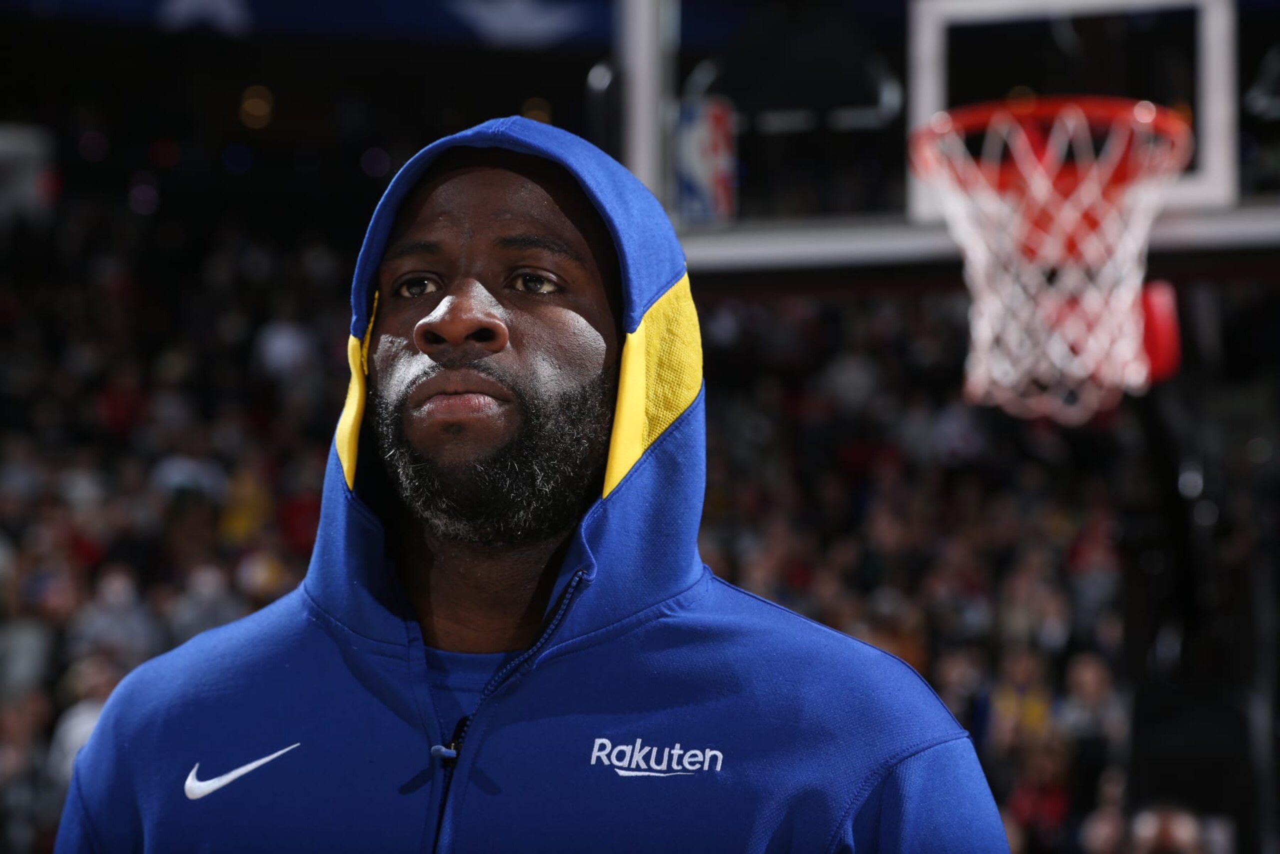 PORTLAND, OR - FEBRUARY 8: Draymond Green #23 of the Golden State Warriors looks on before the game against the Portland Trail Blazers on February 8, 2023 at the Moda Center Arena in Portland, Oregon. NOTE TO USER: User expressly acknowledges and agrees that, by downloading and or using this photograph, user is consenting to the terms and conditions of the Getty Images License Agreement. Mandatory Copyright Notice: Copyright 2023 NBAE (Photo by Sam Forencich/NBAE via Getty Images)