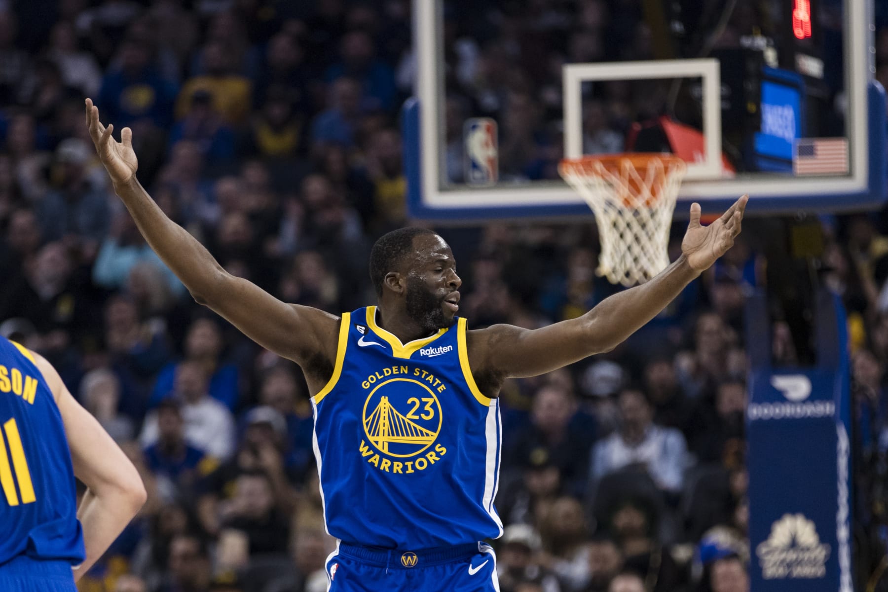 Golden State Warriors forward Draymond Green (23) reacts during the first half of an NBA basketball game against the Oklahoma City Thunder in San Francisco, Monday, Feb. 6, 2023. The Warriors won 141-114. (AP Photo/John Hefti)