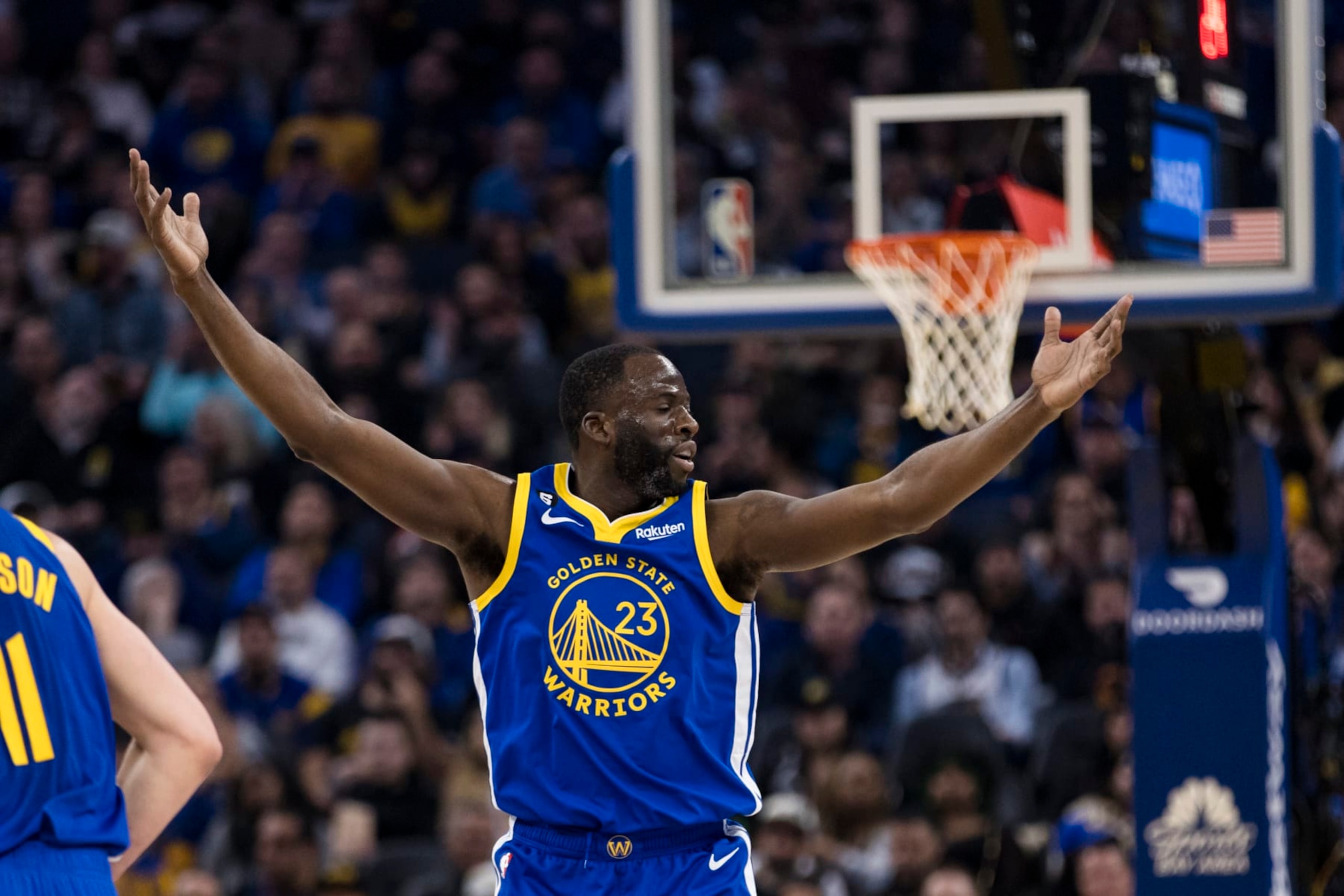 Golden State Warriors forward Draymond Green (23) reacts during the first half of an NBA basketball game against the Oklahoma City Thunder in San Francisco, Monday, Feb. 6, 2023. The Warriors won 141-114. (AP Photo/John Hefti) Golden State Warriors forward Draymond Green (23) reacts during the first half of an NBA basketball game against the Oklahoma City Thunder in San Francisco, Monday, Feb. 6, 2023. The Warriors won 141-114. (AP Photo/John Hefti)