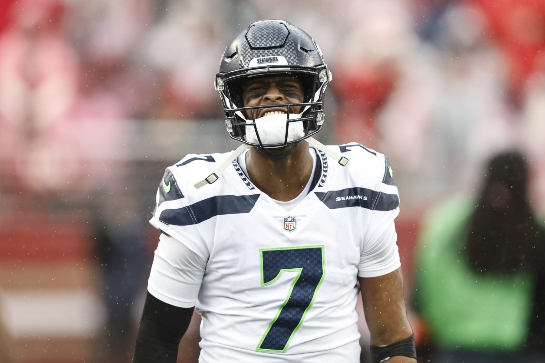 SANTA CLARA, CALIFORNIA - JANUARY 14: Geno Smith #7 of the Seattle Seahawks reacts as he takes the field prior to an NFL football game between the San Francisco 49ers and the Seattle Seahawks at Levi's Stadium on January 14, 2023 in Santa Clara, California. (Photo by Michael Owens/Getty Images)