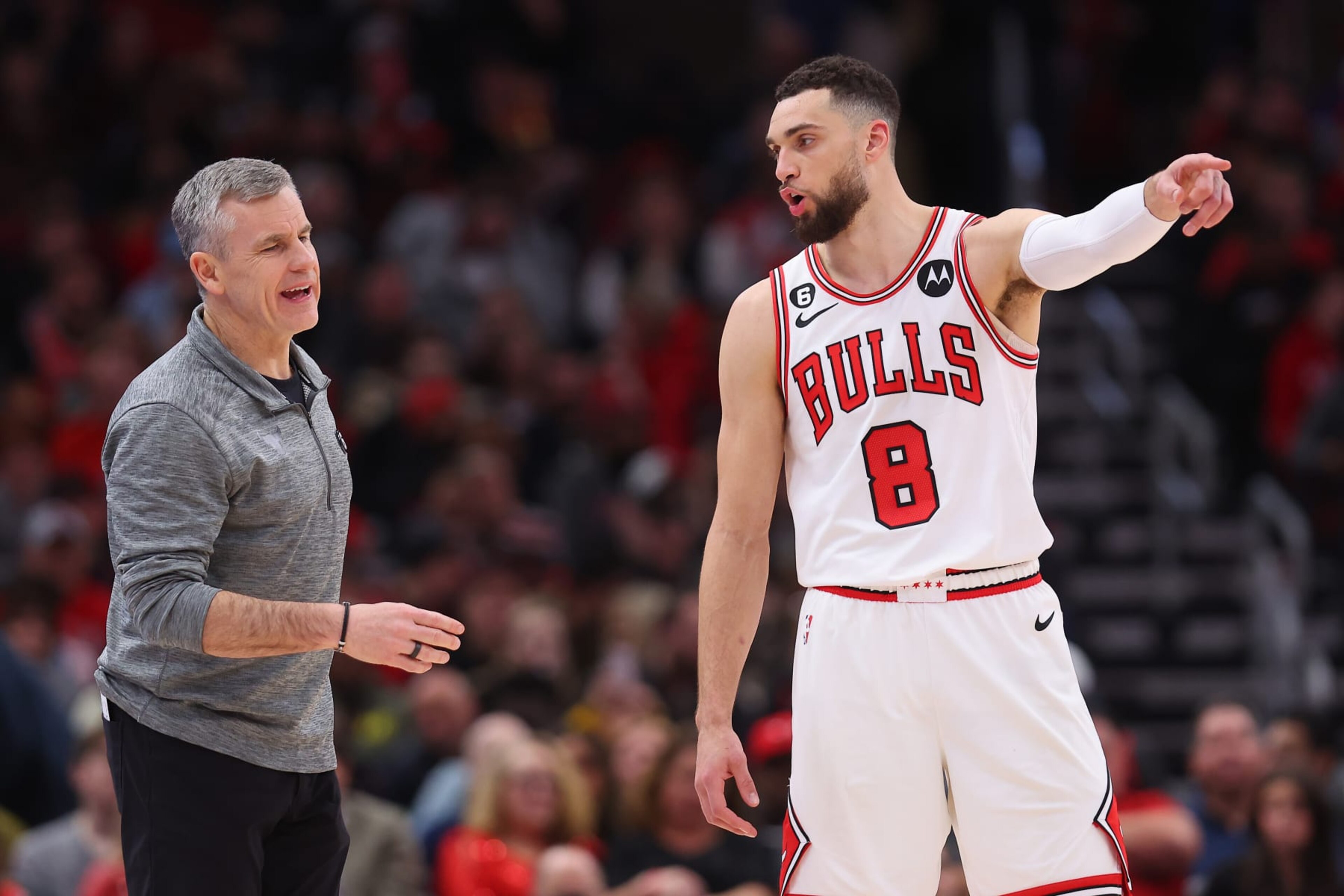 CHICAGO, ILLINOIS - FEBRUARY 04: Head coach Billy Donovan of the Chicago Bulls talks with Zach LaVine #8 against the Portland Trail Blazers during the second half at United Center on February 04, 2023 in Chicago, Illinois. NOTE TO USER: User expressly acknowledges and agrees that, by downloading and or using this photograph, User is consenting to the terms and conditions of the Getty Images License Agreement. (Photo by Michael Reaves/Getty Images) CHICAGO, ILLINOIS - FEBRUARY 04: Head coach Billy Donovan of the Chicago Bulls talks with Zach LaVine #8 against the Portland Trail Blazers during the second half at United Center on February 04, 2023 in Chicago, Illinois. NOTE TO USER: User expressly acknowledges and agrees that, by downloading and or using this photograph, User is consenting to the terms and conditions of the Getty Images License Agreement. (Photo by Michael Reaves/Getty Images)