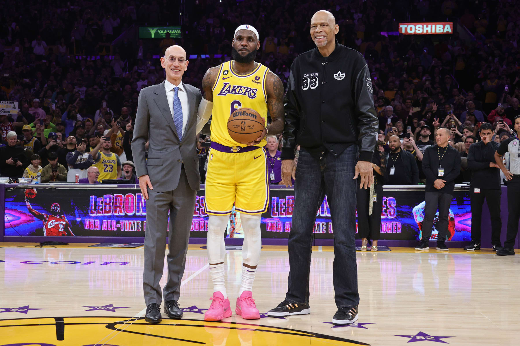 Adam Silver, LeBron James and Kareem Abdul-Jabbar
