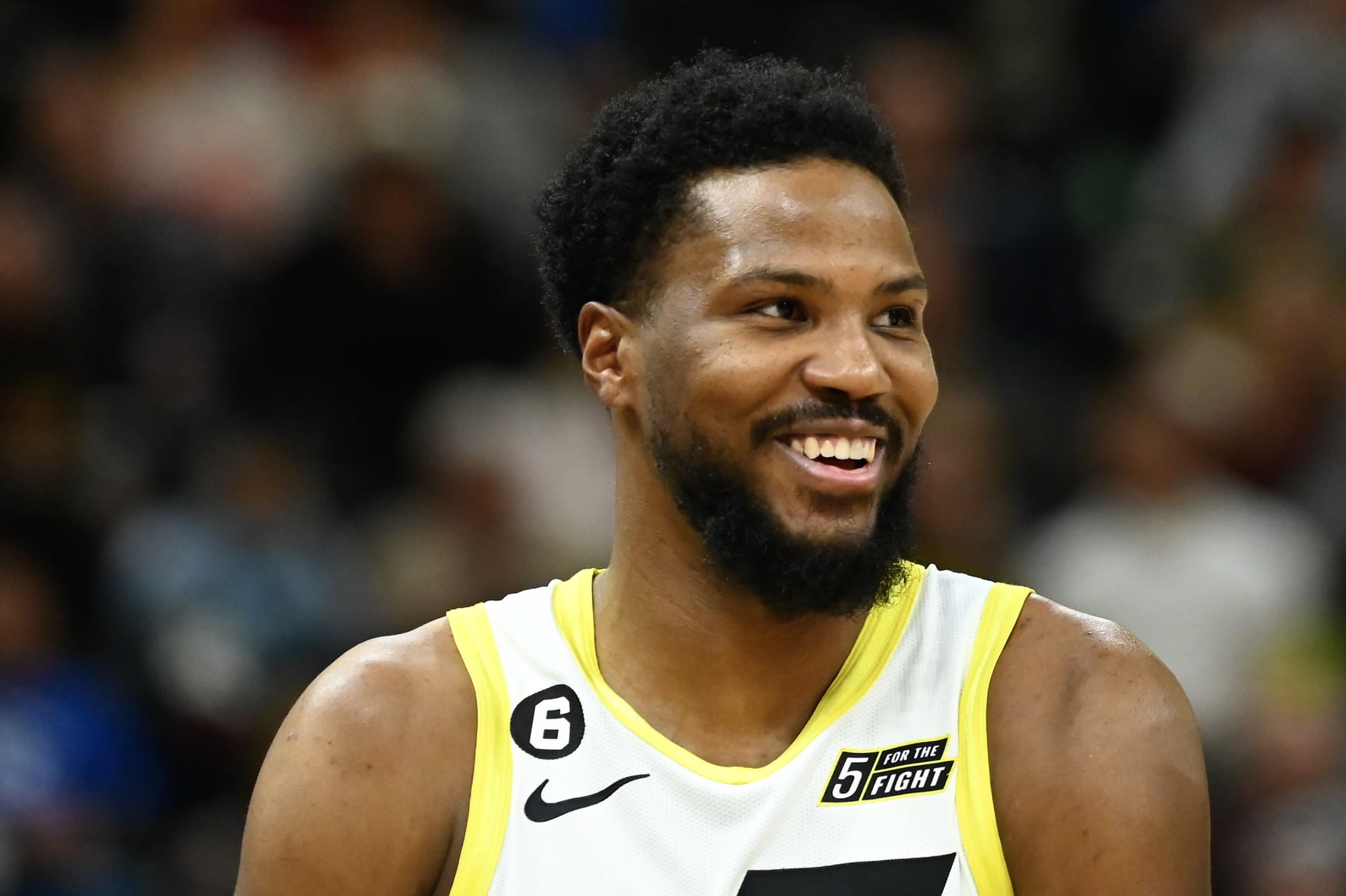 SALT LAKE CITY, UTAH - FEBRUARY 06: Malik Beasley #5 of the Utah Jazz looks on during the first half of a game against the Dallas Mavericks at Vivint Arena on February 06, 2023 in Salt Lake City, Utah. NOTE TO USER: User expressly acknowledges and agrees that, by downloading and or using this photograph, User is consenting to the terms and conditions of the Getty Images License Agreement. (Photo by Alex Goodlett/Getty Images)