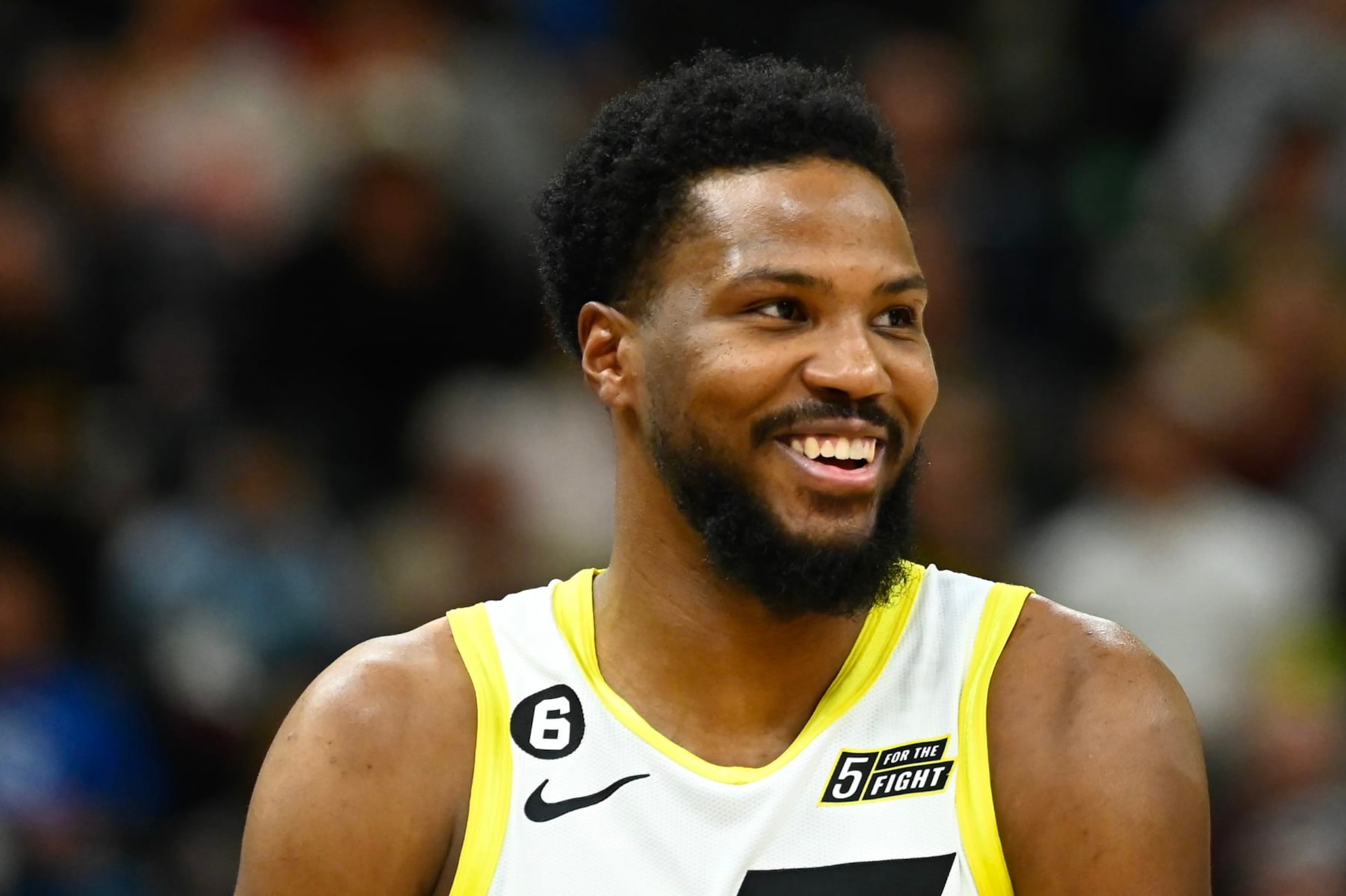 SALT LAKE CITY, UTAH - FEBRUARY 06: Malik Beasley #5 of the Utah Jazz looks on during the first half of a game against the Dallas Mavericks at Vivint Arena on February 06, 2023 in Salt Lake City, Utah. NOTE TO USER: User expressly acknowledges and agrees that, by downloading and or using this photograph, User is consenting to the terms and conditions of the Getty Images License Agreement. (Photo by Alex Goodlett/Getty Images)