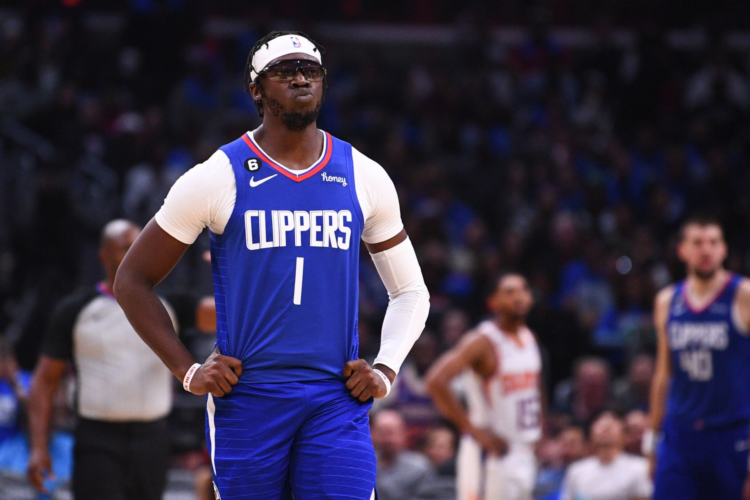 LOS ANGELES, CA - OCTOBER 23: Los Angeles Clippers Guard Reggie Jackson (1) looks on during a NBA game between the Phoenix Suns and the Los Angeles Clippers on October 23, 2022 at Crypto.com Arena in Los Angeles, CA. (Photo by Brian Rothmuller/Icon Sportswire via Getty Images)