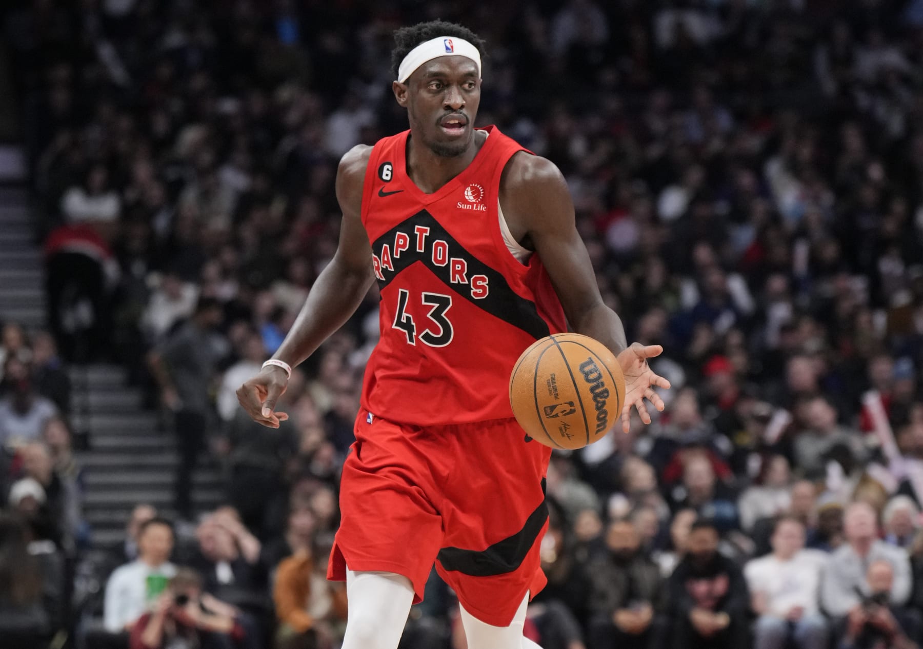 TORONTO, ON - FEBRUARY 8: Pascal Siakam #43 of the Toronto Raptors dribbles against the San Antonio Spurs during the second half of their basketball game at the Scotiabank Arena on February 8, 2023 in Toronto, Ontario, Canada. NOTE TO USER: User expressly acknowledges and agrees that, by downloading and/or using this Photograph, user is consenting to the terms and conditions of the Getty Images License Agreement. (Photo by Mark Blinch/Getty Images)