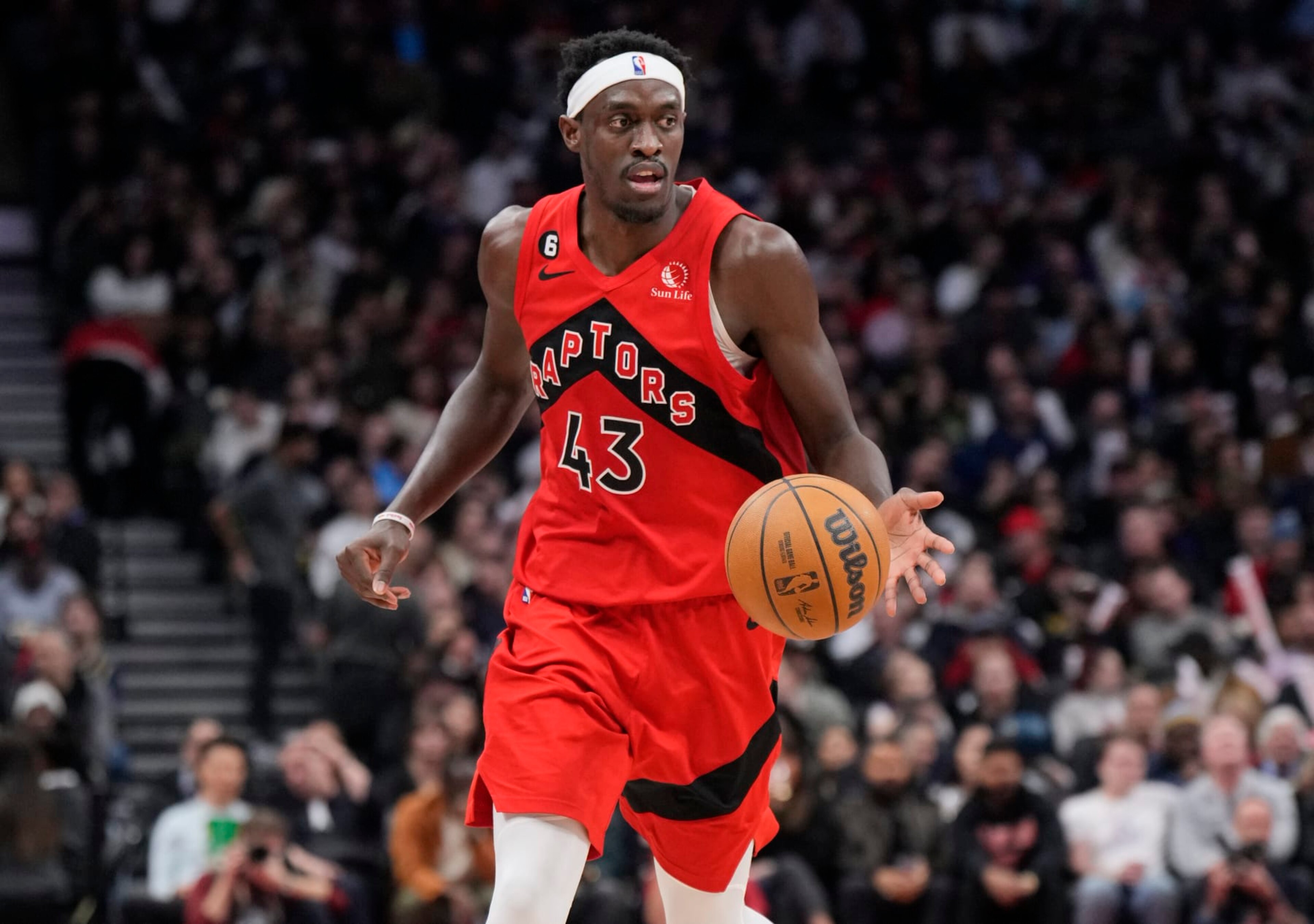 TORONTO, ON - FEBRUARY 8: Pascal Siakam #43 of the Toronto Raptors dribbles against the San Antonio Spurs during the second half of their basketball game at the Scotiabank Arena on February 8, 2023 in Toronto, Ontario, Canada. NOTE TO USER: User expressly acknowledges and agrees that, by downloading and/or using this Photograph, user is consenting to the terms and conditions of the Getty Images License Agreement. (Photo by Mark Blinch/Getty Images)