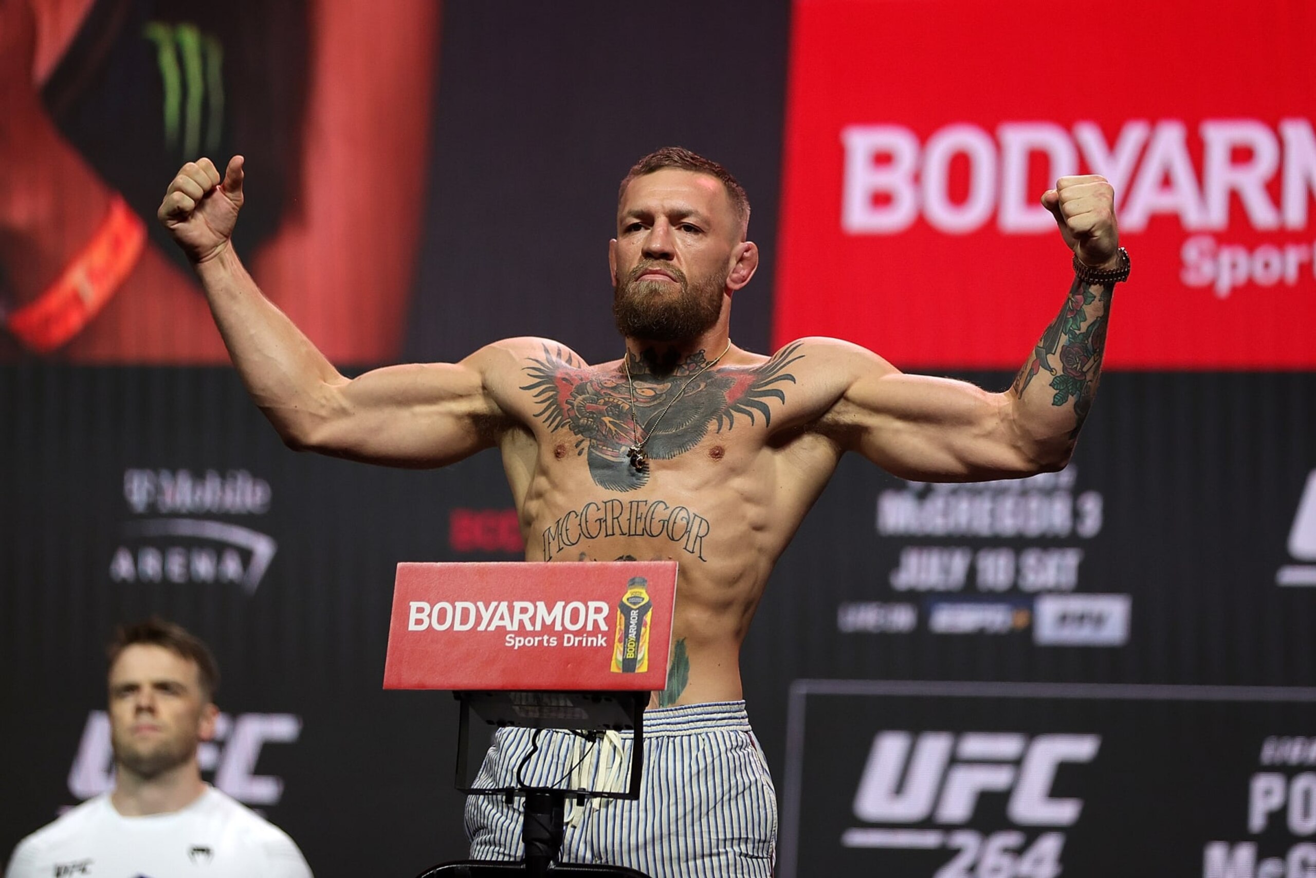LAS VEGAS, NEVADA - JULY 09: Conor McGregor poses during a ceremonial weigh in for UFC 264 at T-Mobile Arena on July 09, 2021 in Las Vegas, Nevada. (Photo by Stacy Revere/Getty Images)