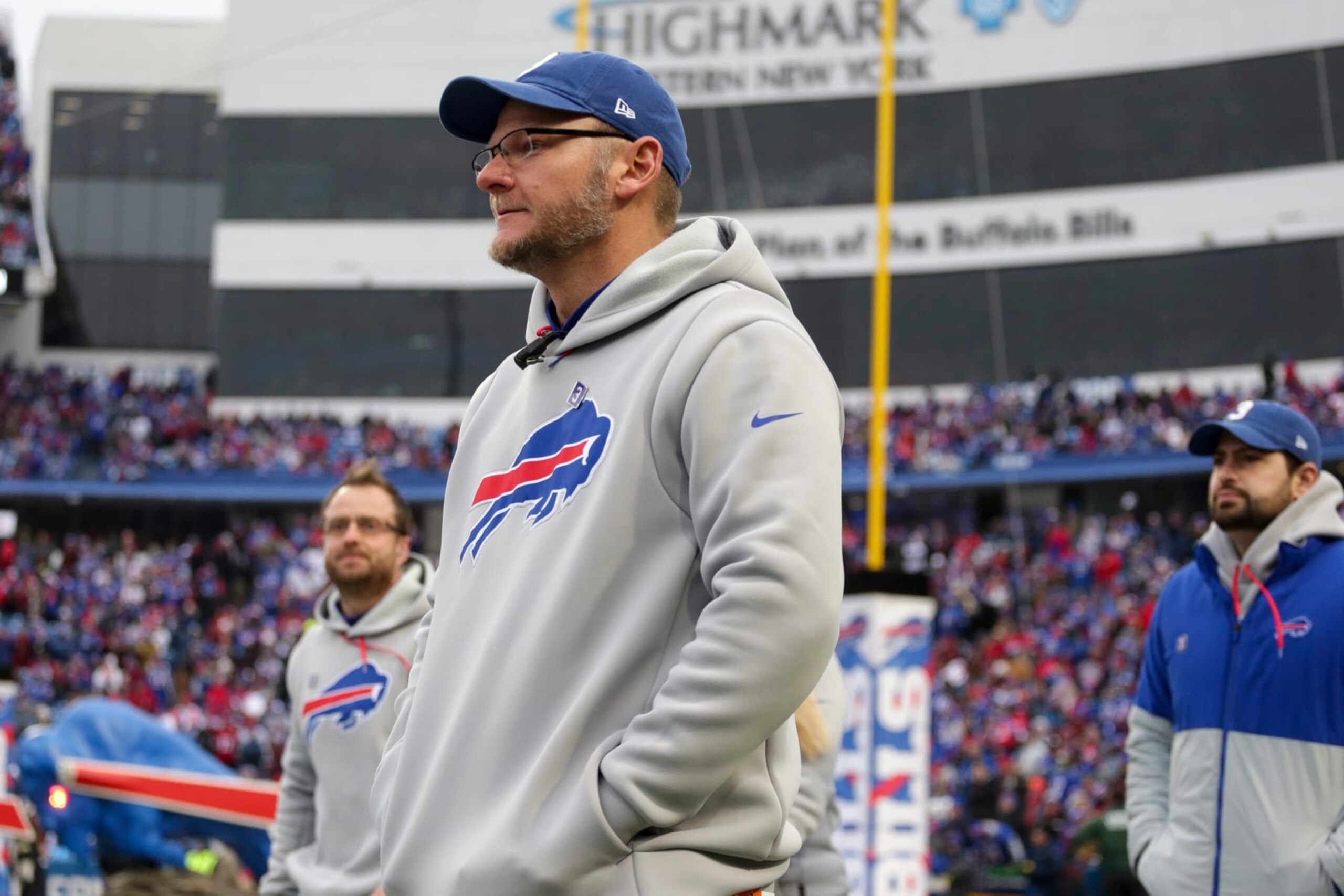 Bills assistant athletic trainer Denny Kellington takes the field before an NFL football game against the New England Patriots on Sunday, Jan. 8, 2023, in Orchard Park, N.Y. (AP Photo/Joshua Bessex) Bills assistant athletic trainer Denny Kellington takes the field before an NFL football game against the New England Patriots on Sunday, Jan. 8, 2023, in Orchard Park, N.Y. (AP Photo/Joshua Bessex)