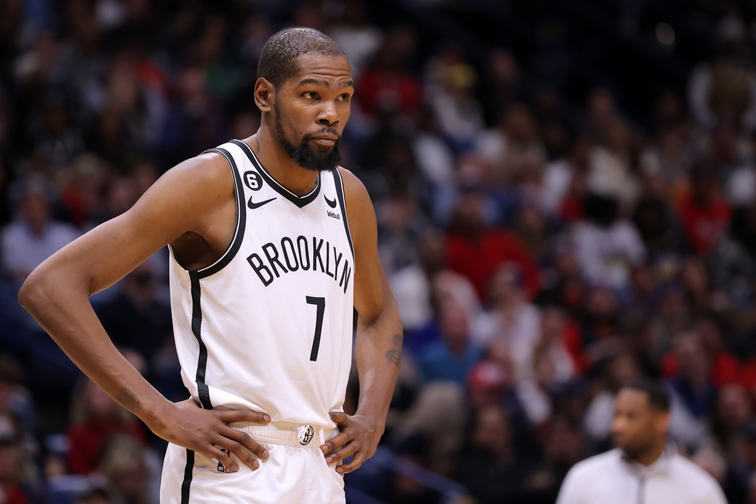 NEW ORLEANS, LOUISIANA - JANUARY 06: Kevin Durant #7 of the Brooklyn Nets reacts against the New Orleans Pelicans during a game at the Smoothie King Center on January 06, 2023 in New Orleans, Louisiana. NOTE TO USER: User expressly acknowledges and agrees that, by downloading and or using this Photograph, user is consenting to the terms and conditions of the Getty Images License Agreement. (Photo by Jonathan Bachman/Getty Images)