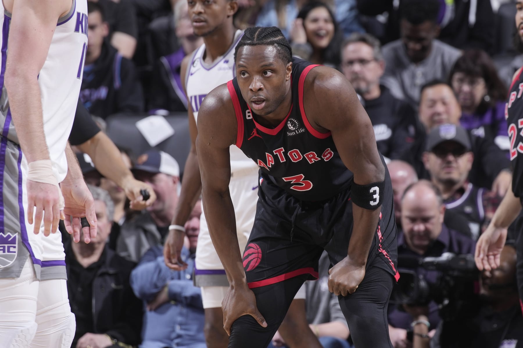 SACRAMENTO, CA - JANUARY 25: O.G. Anunoby #3 of the Toronto Raptors looks on during the game against the Sacramento Kings on January 25, 2023 at Golden 1 Center in Sacramento, California. NOTE TO USER: User expressly acknowledges and agrees that, by downloading and or using this photograph, User is consenting to the terms and conditions of the Getty Images Agreement. Mandatory Copyright Notice: Copyright 2023 NBAE (Photo by Rocky Widner/NBAE via Getty Images)