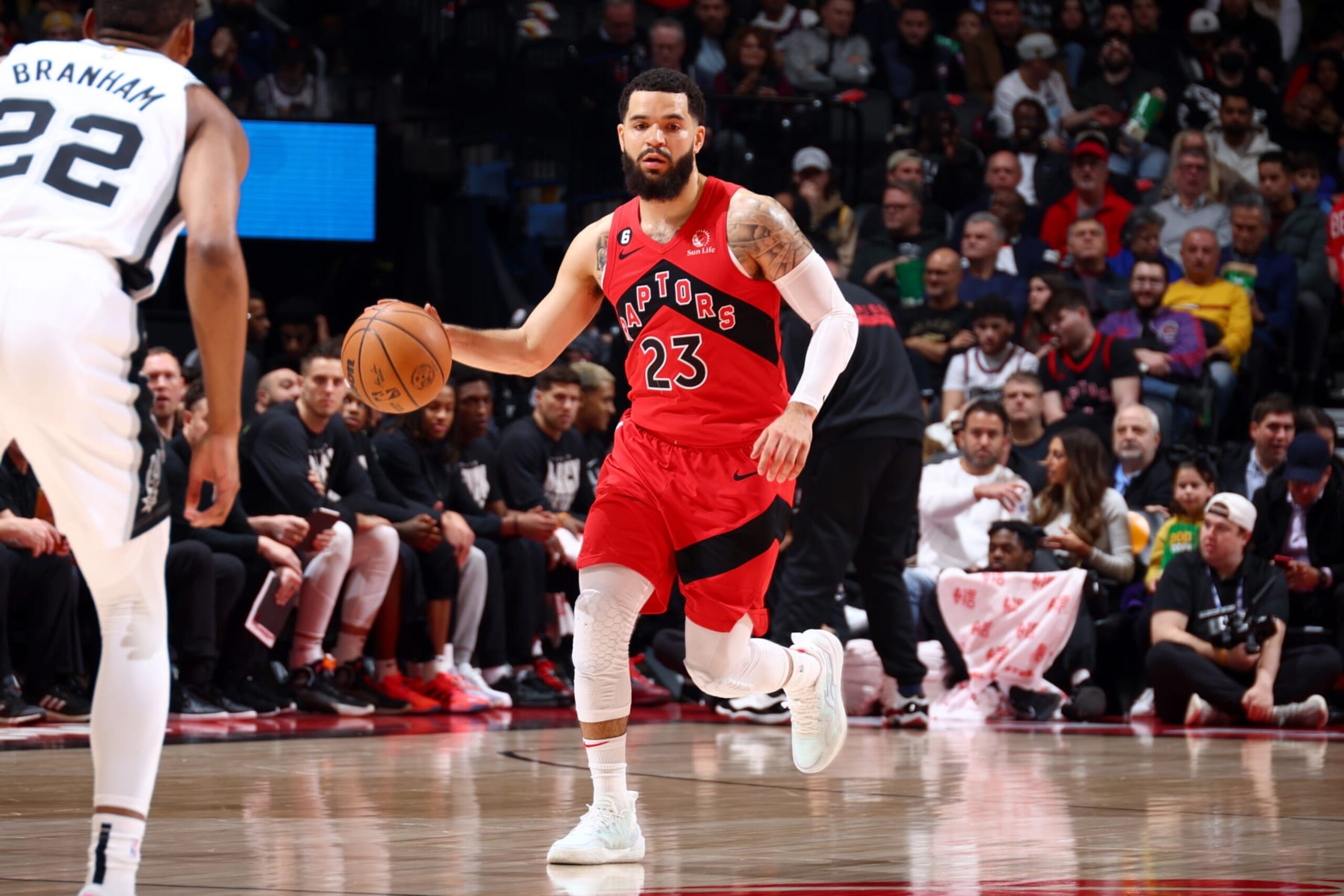 TORONTO, CANADA - FEBRUARY 8: Fred VanVleet #23 of the Toronto Raptors moves the ball during the game against the San Antonio Spurs on February 8, 2023 at the Scotiabank Arena in Toronto, Ontario, Canada.  NOTE TO USER: User expressly acknowledges and agrees that, by downloading and or using this Photograph, user is consenting to the terms and conditions of the Getty Images License Agreement.  Mandatory Copyright Notice: Copyright 2023 NBAE (Photo by Vaughn Ridley/NBAE via Getty Images)