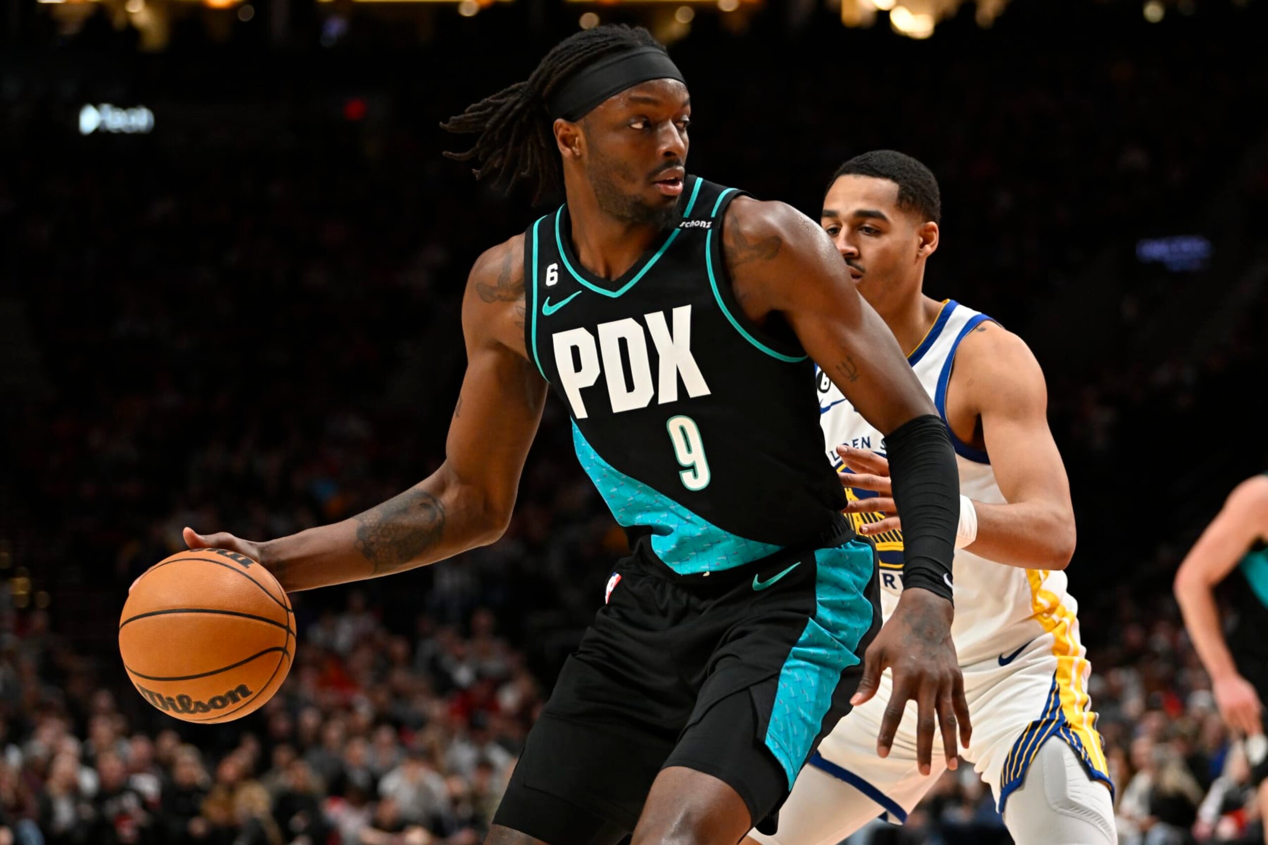 PORTLAND, OREGON - FEBRUARY 08: Jerami Grant #9 of the Portland Trail Blazers in action during the second quarter against the Golden State Warriors at the Moda Center on February 08, 2023 in Portland, Oregon. The Portland Trail Blazers won 125-122. NOTE TO USER: User expressly acknowledges and agrees that, by downloading and or using this photograph, User is consenting to the terms and conditions of the Getty Images License Agreement. (Photo by Alika Jenner/Getty Images) PORTLAND, OREGON - FEBRUARY 08: Jerami Grant #9 of the Portland Trail Blazers in action during the second quarter against the Golden State Warriors at the Moda Center on February 08, 2023 in Portland, Oregon. The Portland Trail Blazers won 125-122. NOTE TO USER: User expressly acknowledges and agrees that, by downloading and or using this photograph, User is consenting to the terms and conditions of the Getty Images License Agreement. (Photo by Alika Jenner/Getty Images)