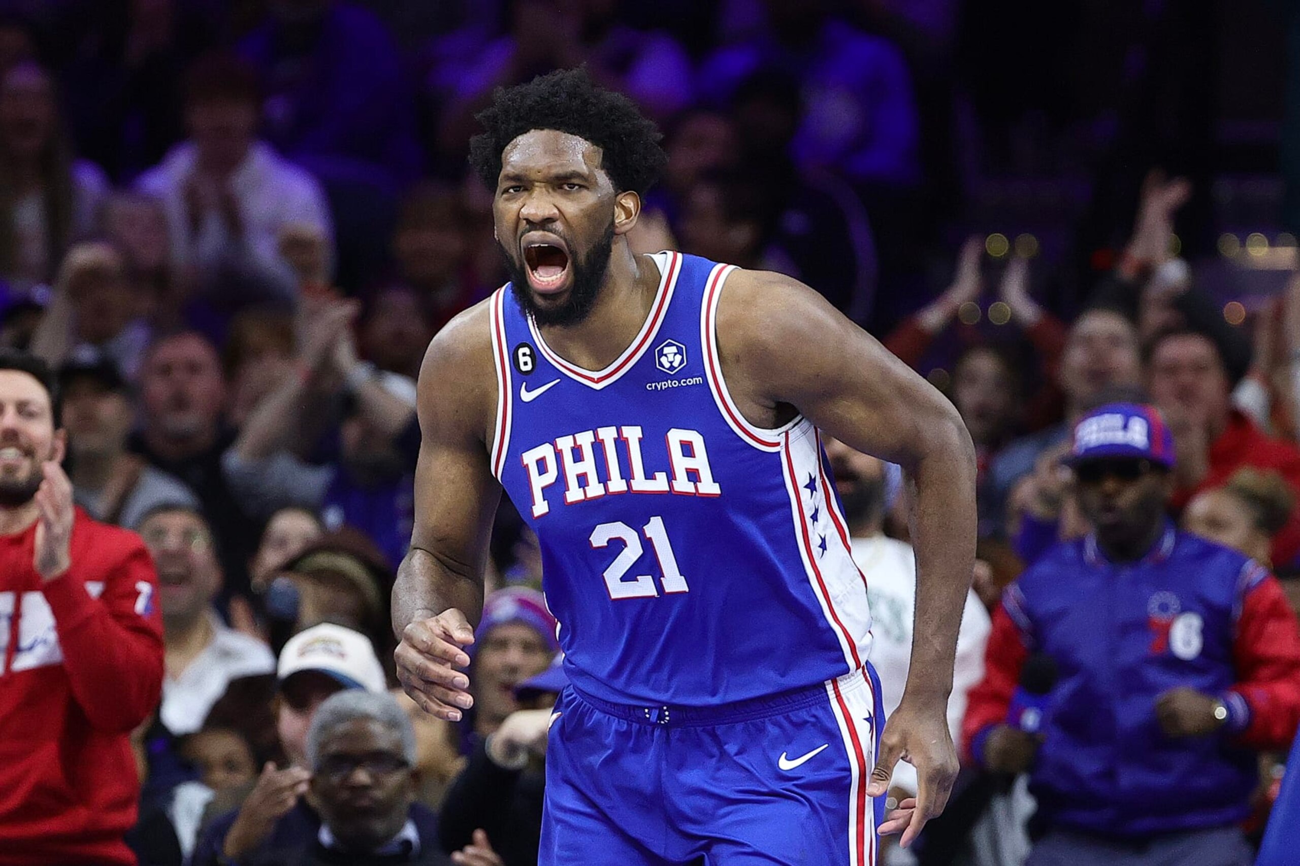 PHILADELPHIA, PENNSYLVANIA - JANUARY 30: Joel Embiid #21 of the Philadelphia 76ers reacts during the fourth quarter against the Orlando Magic at Wells Fargo Center on January 30, 2023 in Philadelphia, Pennsylvania. NOTE TO USER: User expressly acknowledges and agrees that, by downloading and or using this photograph, User is consenting to the terms and conditions of the Getty Images License Agreement. (Photo by Tim Nwachukwu/Getty Images) PHILADELPHIA, PENNSYLVANIA - JANUARY 30: Joel Embiid #21 of the Philadelphia 76ers reacts during the fourth quarter against the Orlando Magic at Wells Fargo Center on January 30, 2023 in Philadelphia, Pennsylvania. NOTE TO USER: User expressly acknowledges and agrees that, by downloading and or using this photograph, User is consenting to the terms and conditions of the Getty Images License Agreement. (Photo by Tim Nwachukwu/Getty Images)