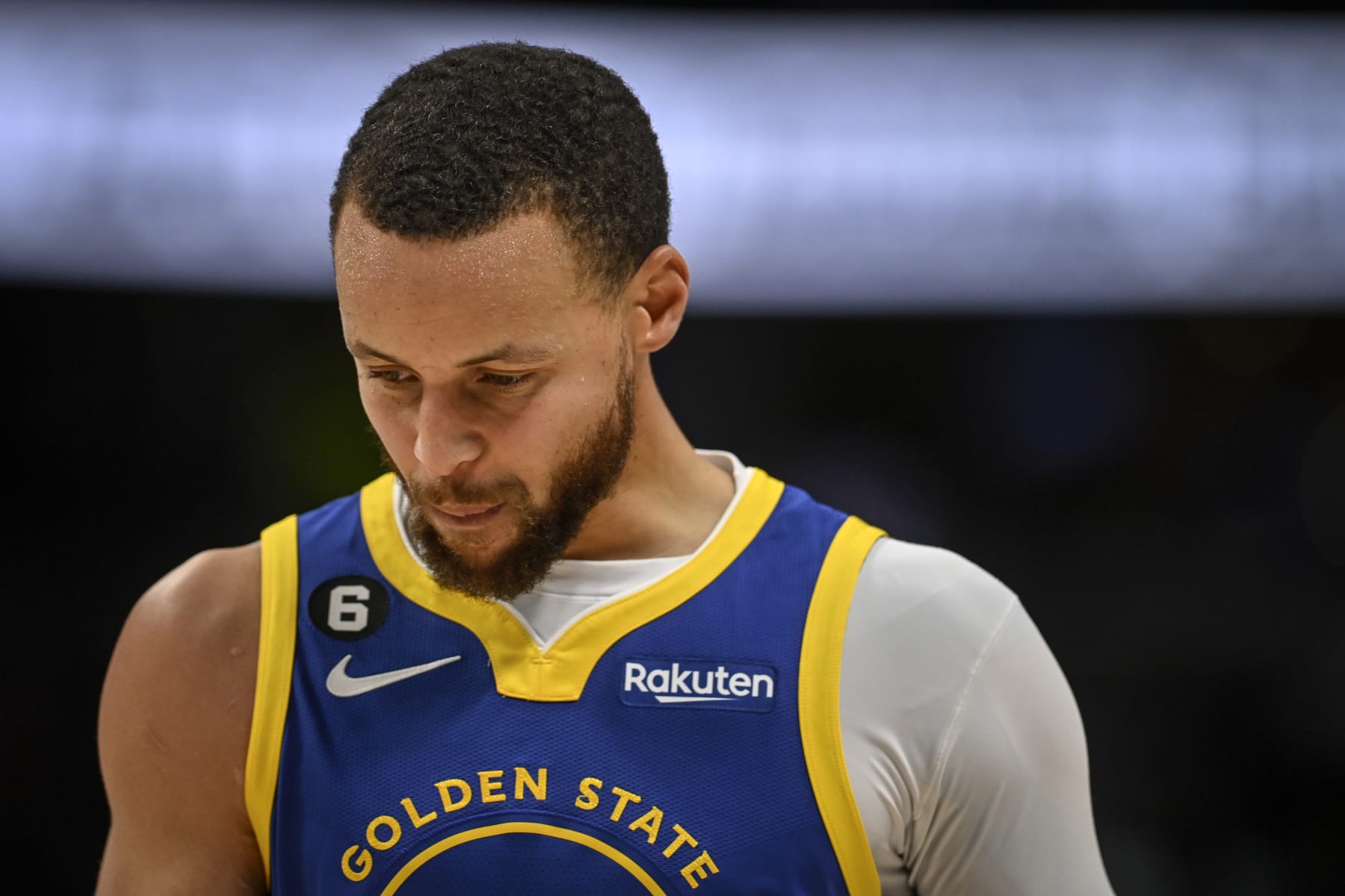 DENVER, CO - FEBRUARY 2: Stephen Curry (30) of the Golden State Warriors contemplates a deficit against the Denver Nuggets during the third quarter at Ball Arena in Denver on Thursday, February 2, 2023. (Photo by AAron Ontiveroz/MediaNews Group/The Denver Post via Getty Images)
