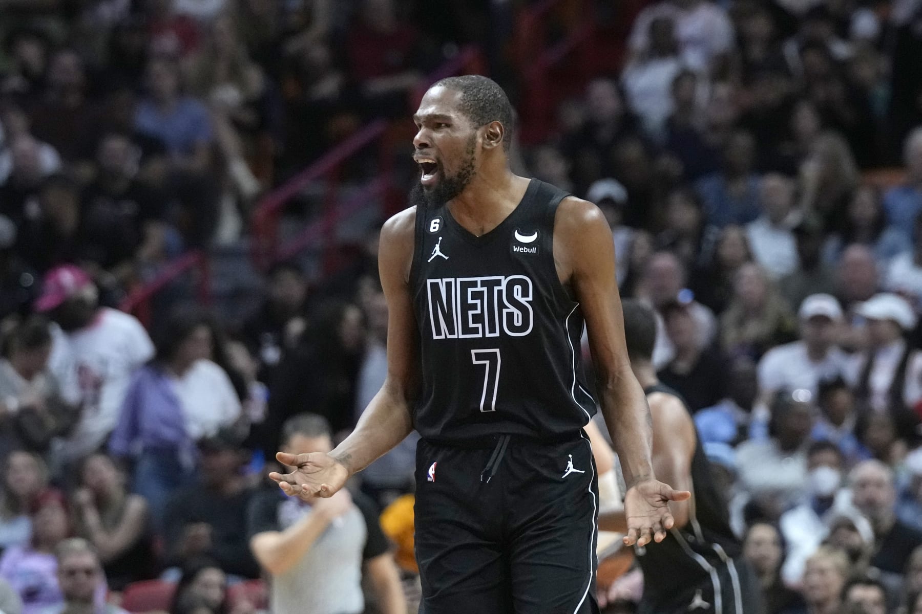 Brooklyn Nets forward Kevin Durant reacts after a play during the second half of an NBA basketball game against the Miami Heat, Sunday, Jan. 8, 2023, in Miami. (AP Photo/Wilfredo Lee)