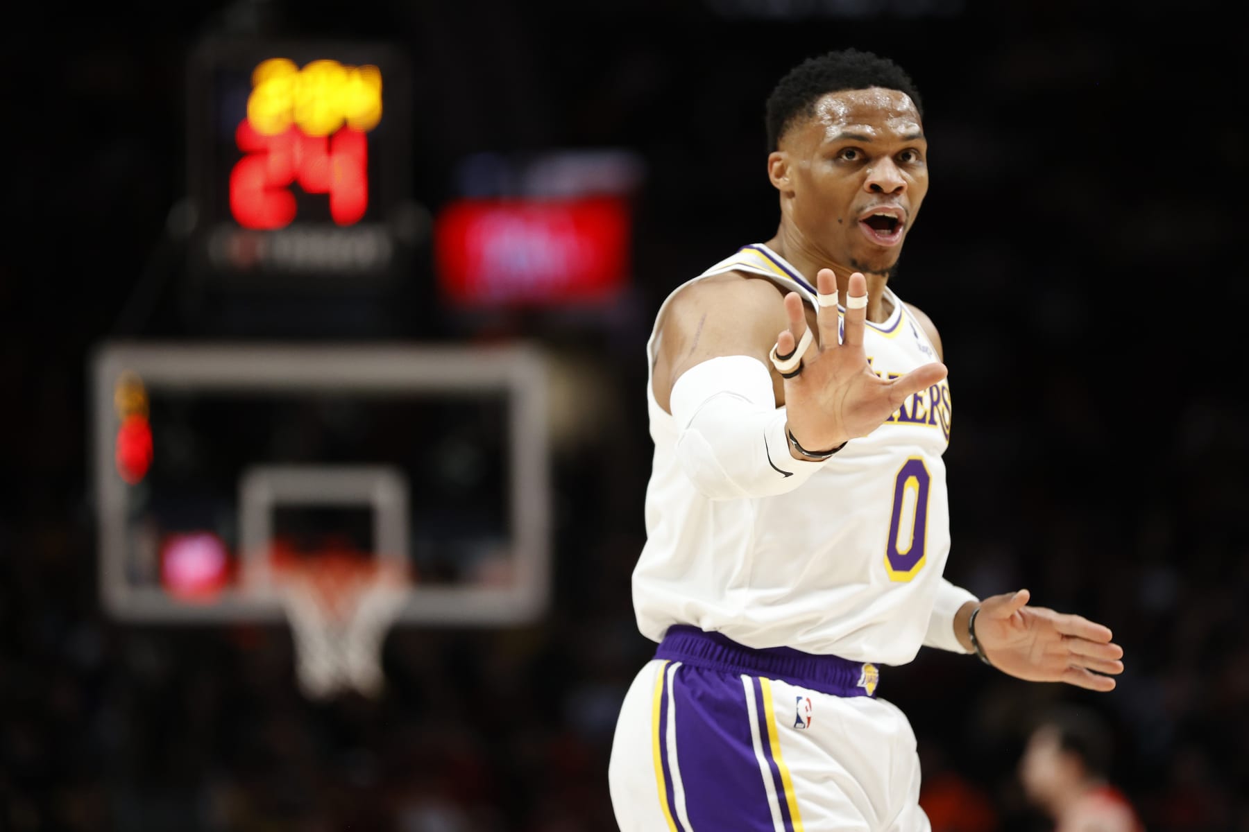 PORTLAND, OREGON - JANUARY 22: Russell Westbrook #0 of the Los Angeles Lakers reacts during the first half against the Portland Trail Blazers at Moda Center on January 22, 2023 in Portland, Oregon. NOTE TO USER: User expressly acknowledges and agrees that, by downloading and/or using this photograph, User is consenting to the terms and conditions of the Getty Images License Agreement. (Photo by Steph Chambers/Getty Images)