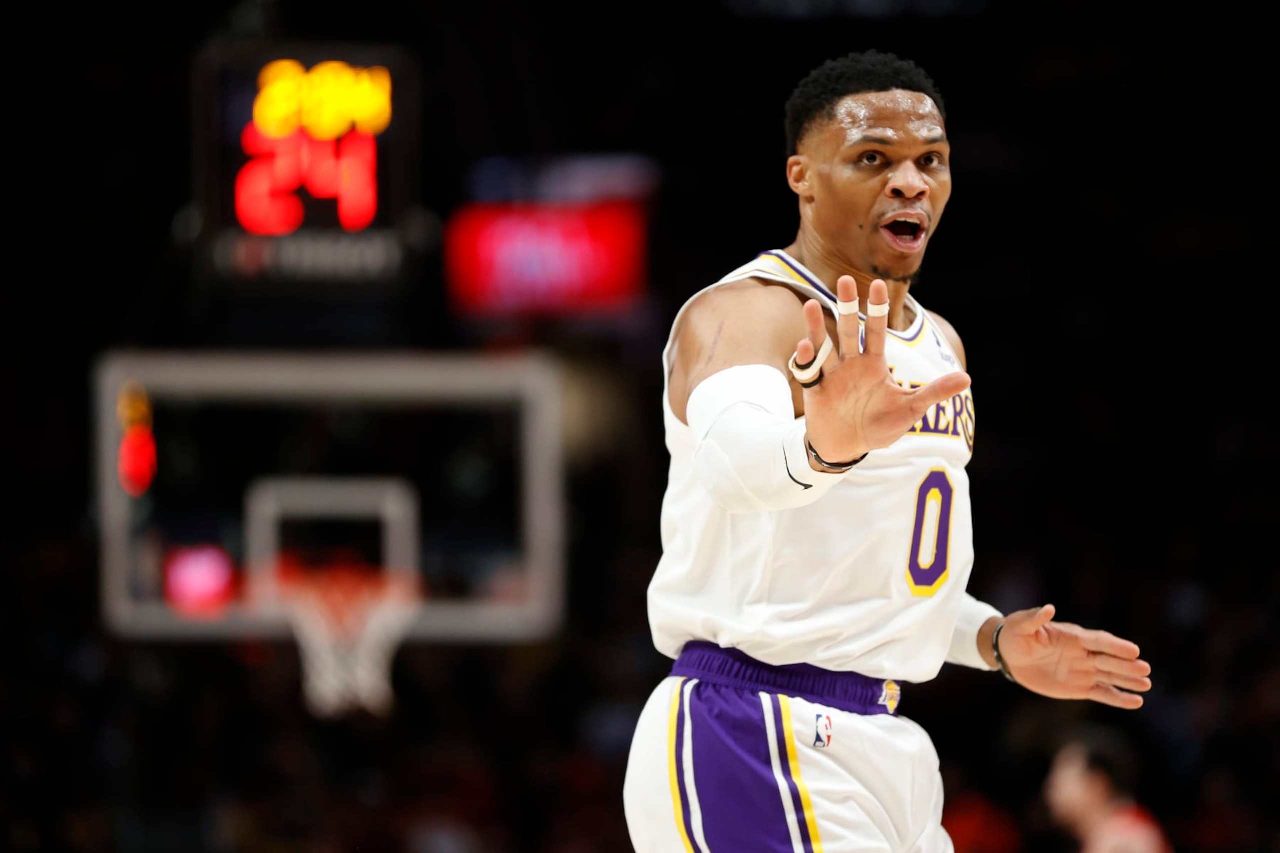 PORTLAND, OREGON - JANUARY 22: Russell Westbrook #0 of the Los Angeles Lakers reacts during the first half against the Portland Trail Blazers at Moda Center on January 22, 2023 in Portland, Oregon. NOTE TO USER: User expressly acknowledges and agrees that, by downloading and/or using this photograph, User is consenting to the terms and conditions of the Getty Images License Agreement. (Photo by Steph Chambers/Getty Images)
