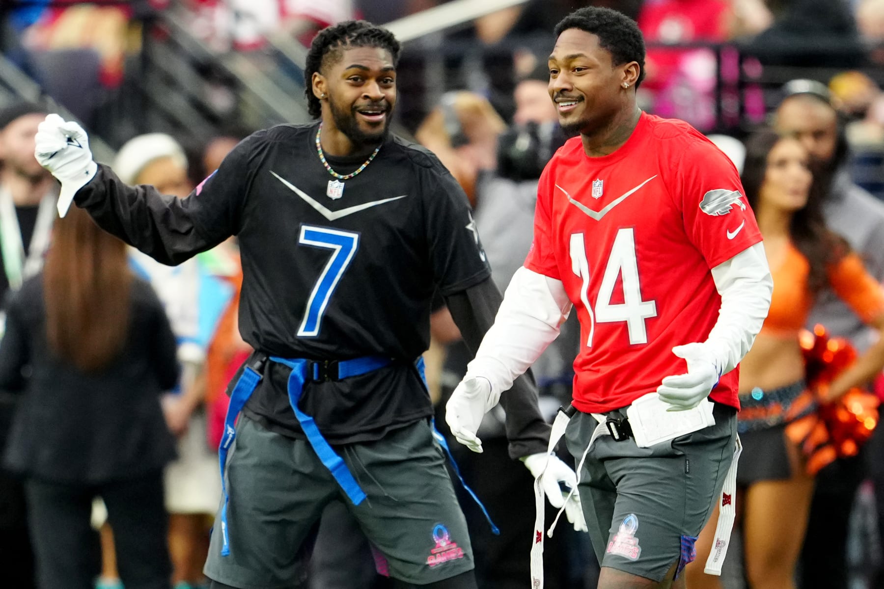 LAS VEGAS, NEVADA - FEBRUARY 05: Trevon Diggs of the Dallas Cowboys and NFC and Stefon Diggs of the Buffalo Bills and AFC talk during the 2023 NFL Pro Bowl Games at Allegiant Stadium on February 05, 2023 in Las Vegas, Nevada. (Photo by Jeff Bottari/Getty Images)