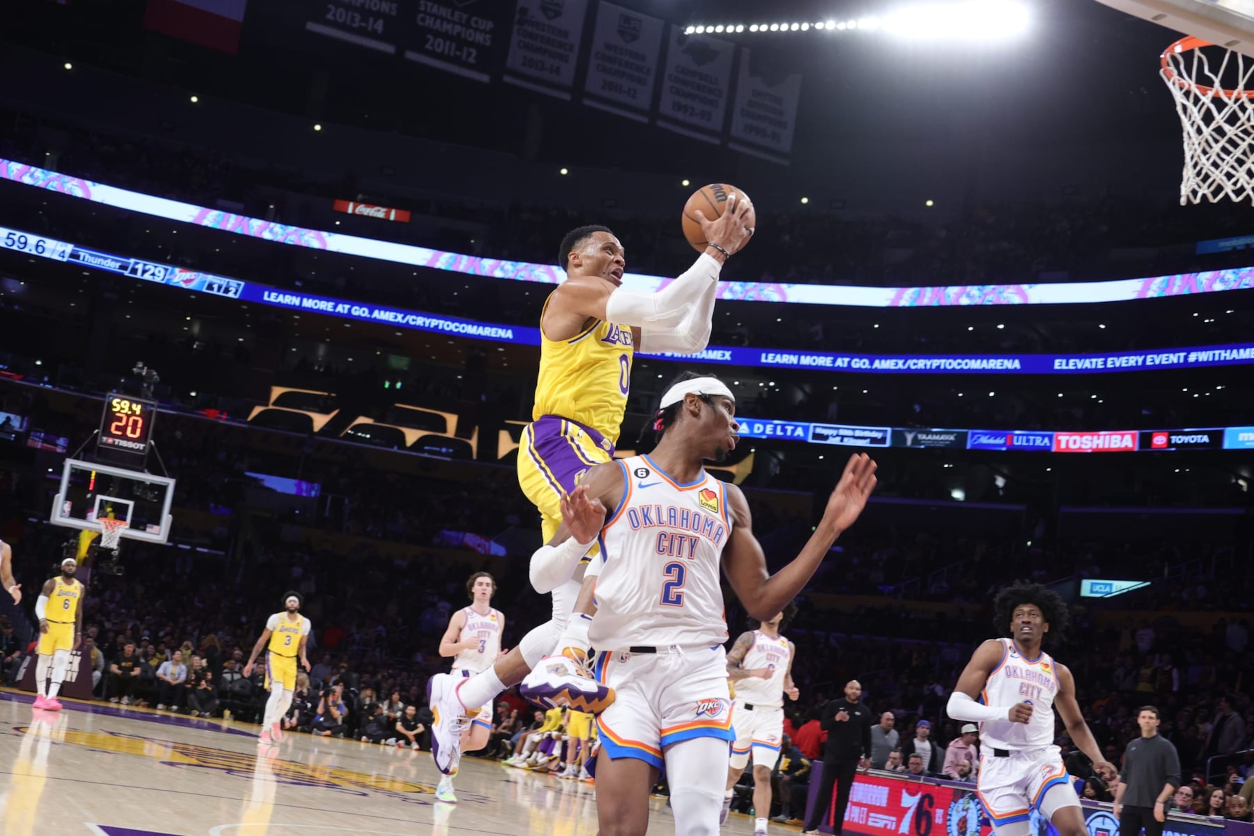 LOS ANGELES, CA - FEBRUARY 7: Russell Westbrook #0 of the Los Angeles Lakers drives to the basket during the game against the Oklahoma City Thunder on February 7, 2023 at Crypto.Com Arena in Los Angeles, California. NOTE TO USER: User expressly acknowledges and agrees that, by downloading and/or using this Photograph, user is consenting to the terms and conditions of the Getty Images License Agreement. Mandatory Copyright Notice: Copyright 2023 NBAE (Photo by Nathaniel S. Butler/NBAE via Getty Images)