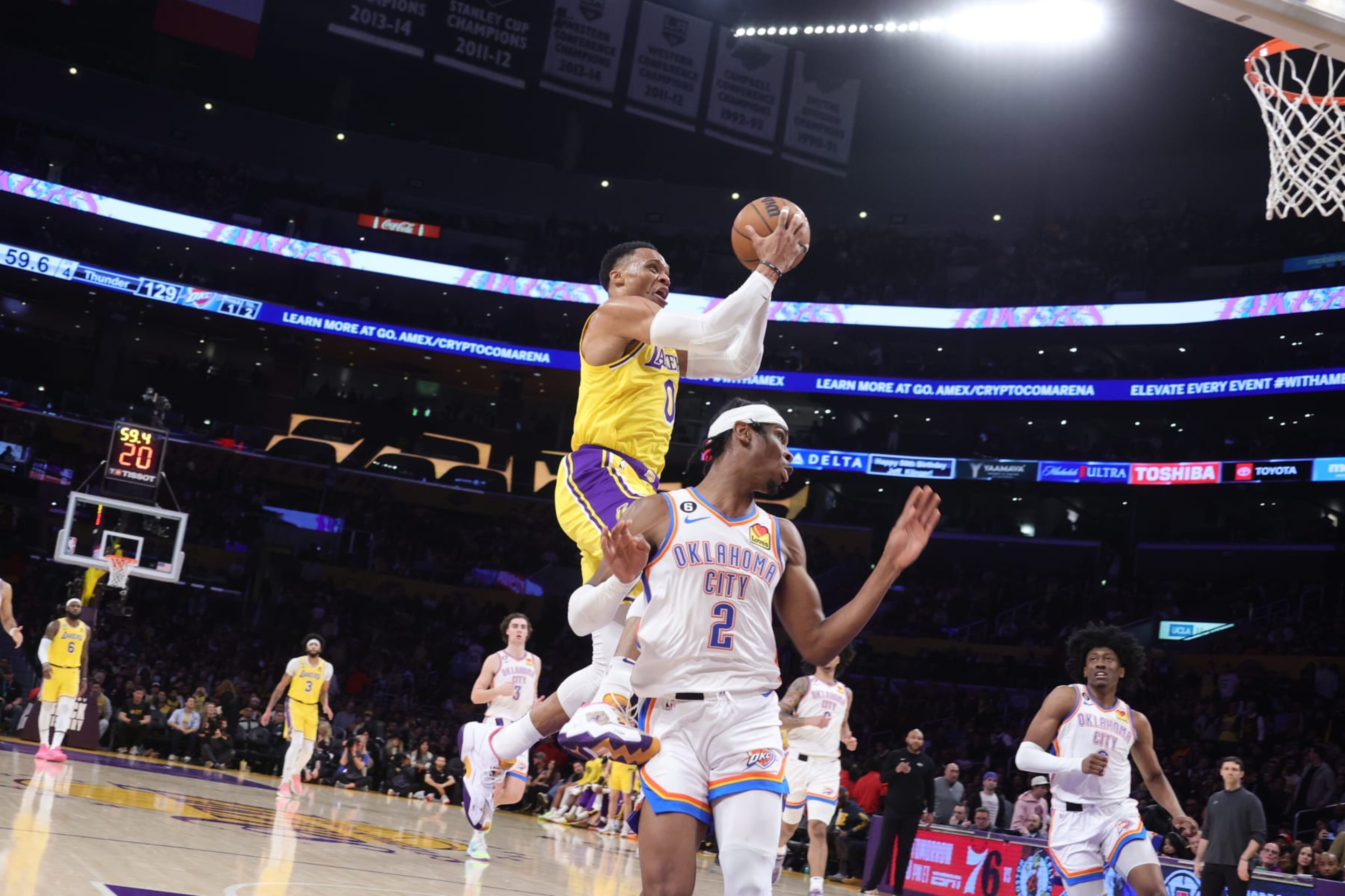 LOS ANGELES, CA - FEBRUARY 7: Russell Westbrook #0 of the Los Angeles Lakers drives to the basket during the game against the Oklahoma City Thunder on February 7, 2023 at Crypto.Com Arena in Los Angeles, California. NOTE TO USER: User expressly acknowledges and agrees that, by downloading and/or using this Photograph, user is consenting to the terms and conditions of the Getty Images License Agreement. Mandatory Copyright Notice: Copyright 2023 NBAE (Photo by Nathaniel S. Butler/NBAE via Getty Images)