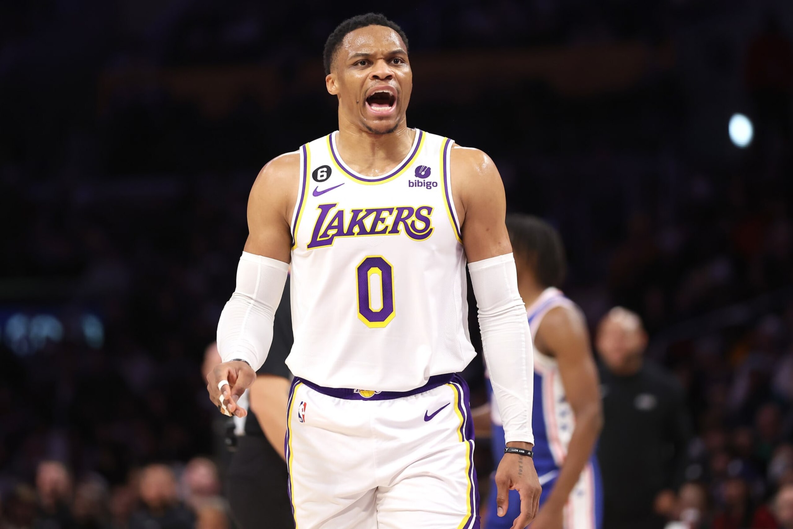 LOS ANGELES, CALIFORNIA - JANUARY 15:  Russell Westbrook #0 of the Los Angeles Lakers reacts after drawing a foul during the first half of a game against the Philadelphia 76ers at Crypto.com Arena on January 15, 2023 in Los Angeles, California.  NOTE TO USER: User expressly acknowledges and agrees that, by downloading and or using this photograph, User is consenting to the terms and conditions of the Getty Images License Agreement. (Photo by Sean M. Haffey/Getty Images)