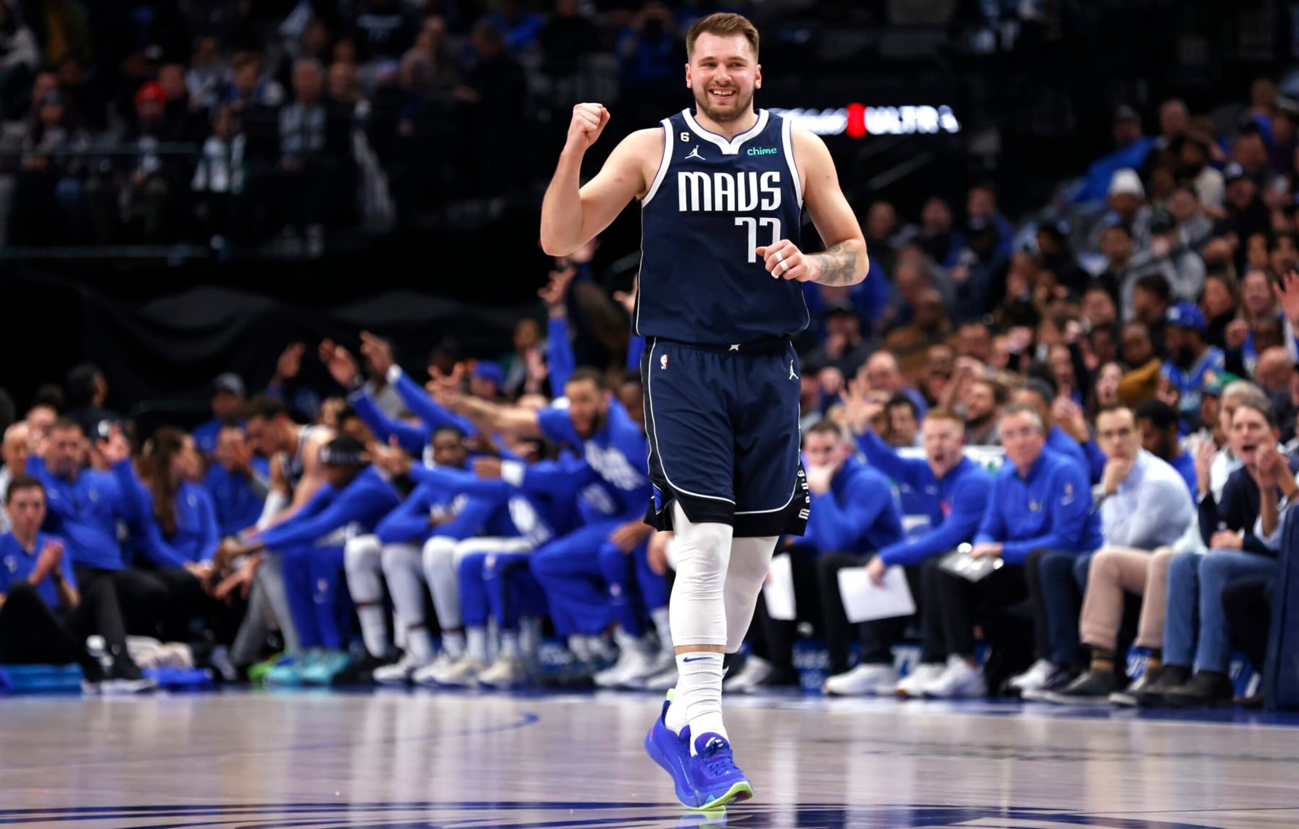 DALLAS, TX - FEBRUARY 2: Luka Doncic #77 of the Dallas Mavericks reacts after the Mavericks scored against the New Orleans Pelicans in the first half at American Airlines Center on February 2, 2023 in Dallas, Texas. NOTE TO USER: User expressly acknowledges and agrees that, by downloading and or using this photograph, user is consenting to the terms and conditions of the Getty Images License Agreement. (Photo by Ron Jenkins/Getty Images)